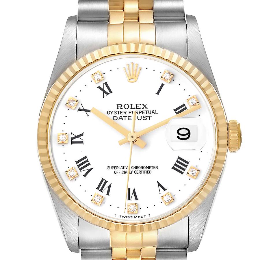 The Rolex Datejust watch is shown from the front, highlighting its dial, bezel, crown, and part of the bracelet.