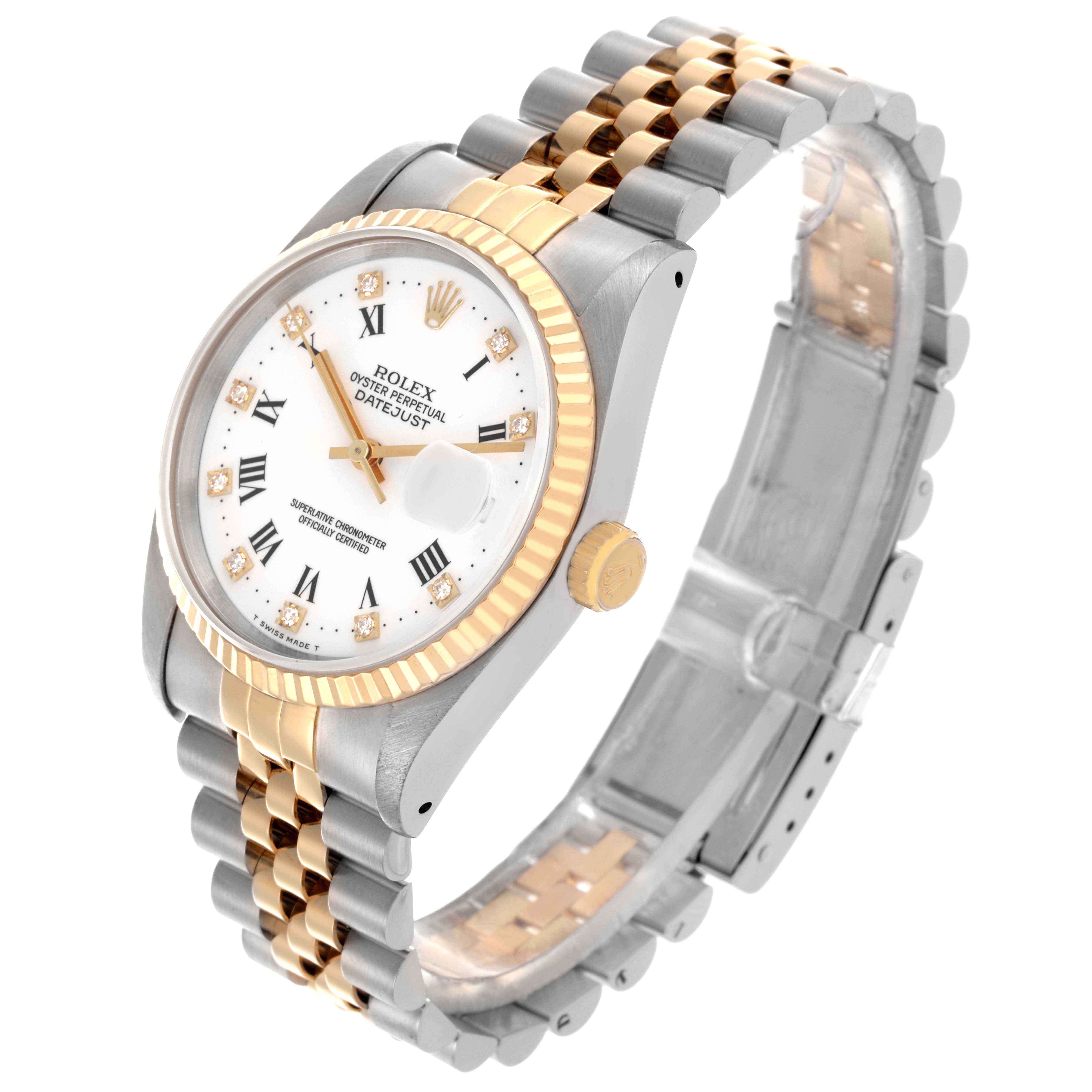 The Rolex Datejust 16233 Men's Steel and Gold (two tone) White Dial 16233 Men's Steel and Gold (two tone) White Dial watch is shown at an angled view highlighting the dial, bezel, crown, and bracelet.