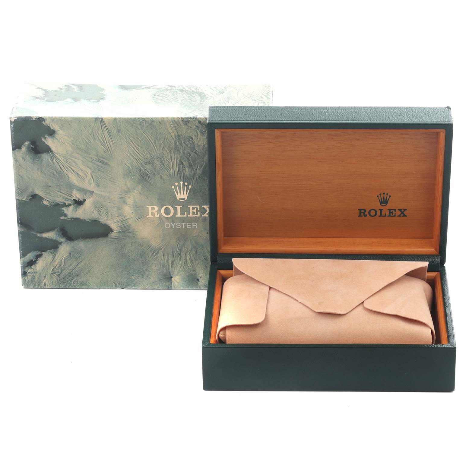 The image shows a Rolex Datejust 16233 Men's Steel and Gold (two tone) White Dial 16233 Men's Steel and Gold (two tone) White Dial packaging box, including an outer box and a leather pouch inside the wooden case.