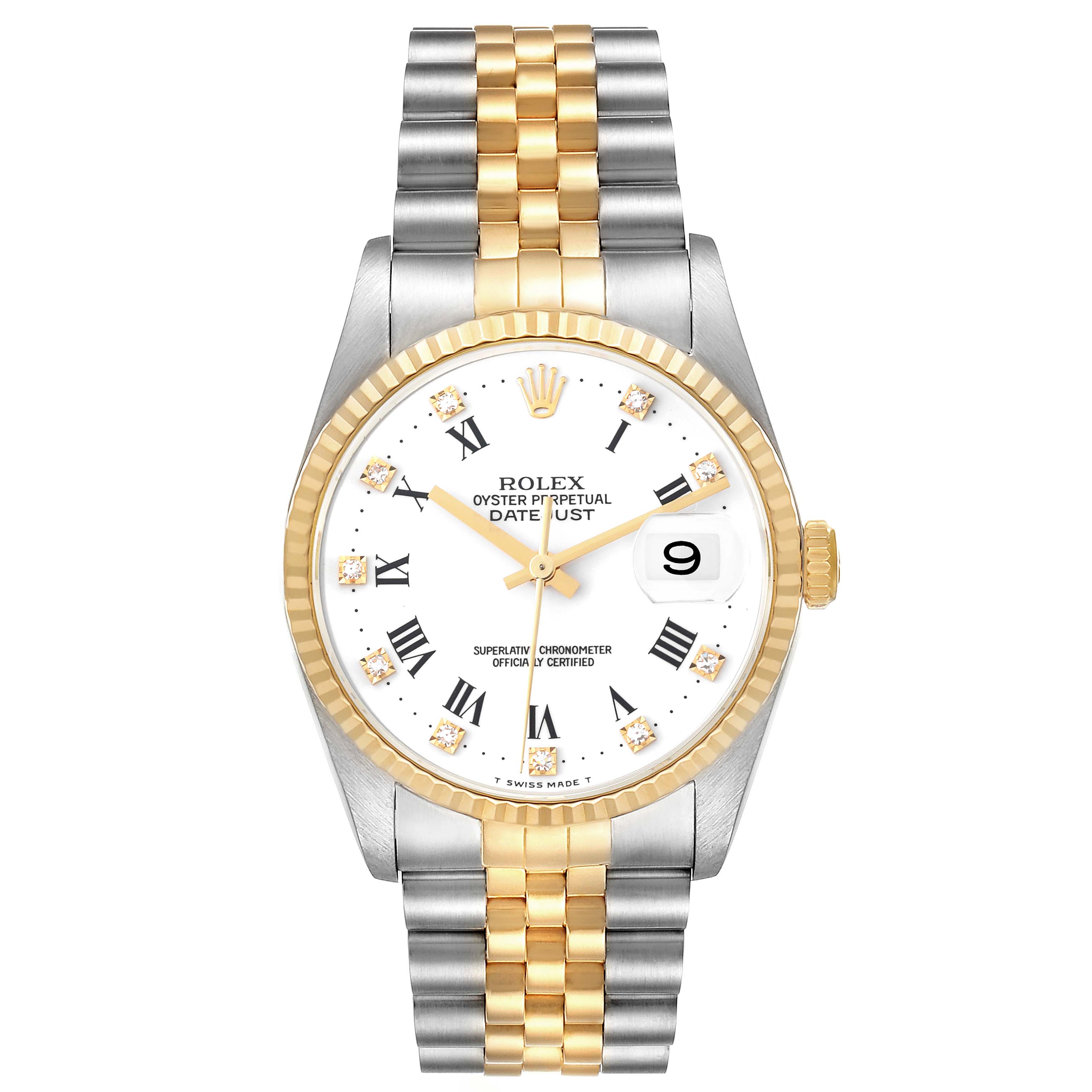 The Rolex Datejust 16233 Men's Steel and Gold (two tone) White Dial 16233 Men's Steel and Gold (two tone) White Dial watch is shown from the front, detailing the dial, bracelet, bezel, and crown.