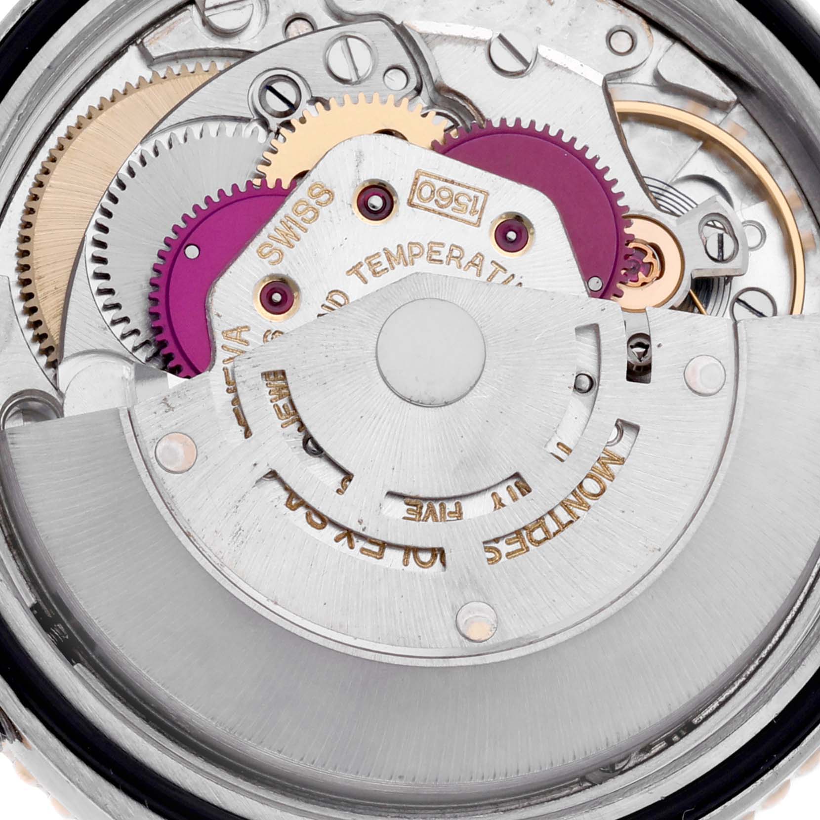 The image shows the intricate movement mechanism of a Rolex Vintage Collection 1625 Men's Steel and Gold (two tone) Silver Dial 1625 Men's Steel and Gold (two tone) Silver Dial watch from a top-down angle.