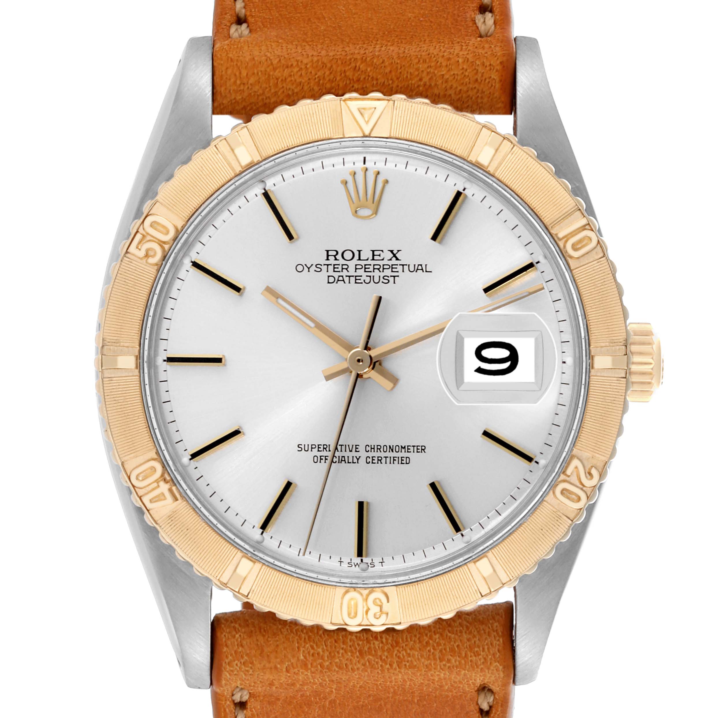 The Rolex Vintage Collection 1625 Men's Steel and Gold (two tone) Silver Dial 1625 Men's Steel and Gold (two tone) Silver Dial watch is shown from the front, highlighting the dial, bezel, and leather strap.