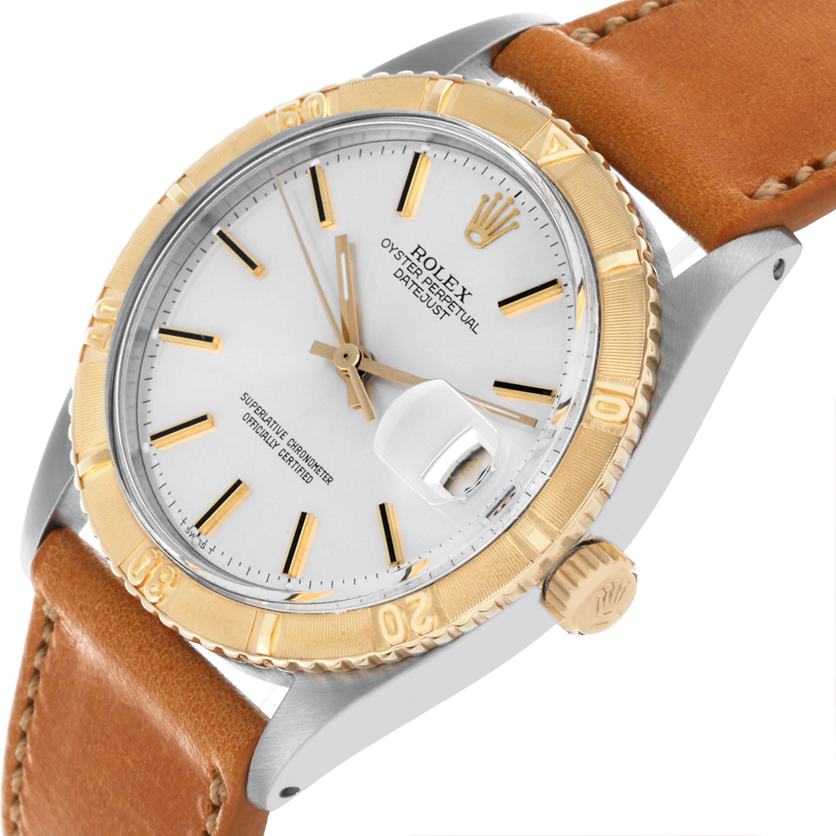 The Rolex Vintage Collection 1625 Men's Steel and Gold (two tone) Silver Dial 1625 Men's Steel and Gold (two tone) Silver Dial watch is shown at a slight angled close-up, displaying the face, gold and silver bezel, crown, and brown leather strap.