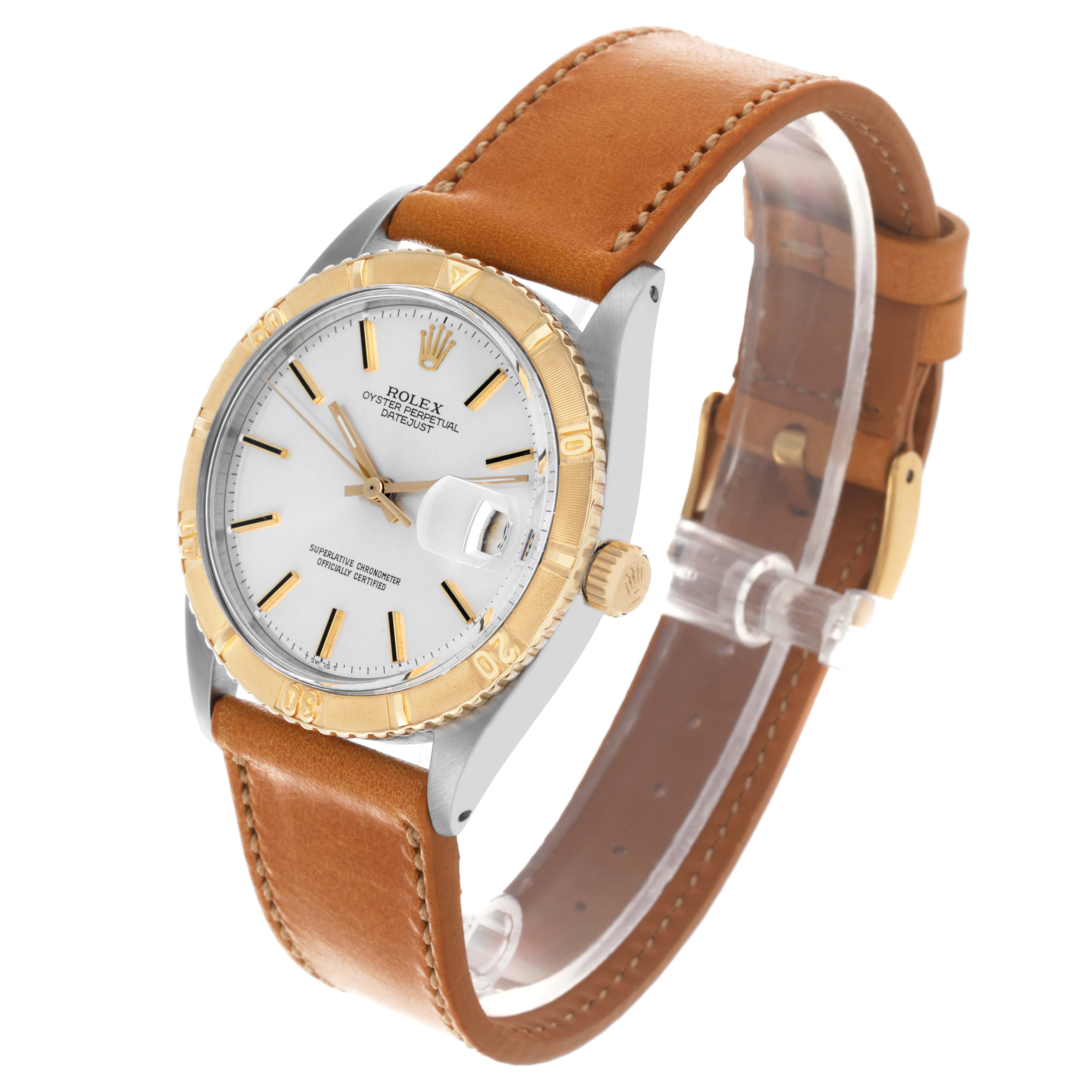 The Rolex Vintage Collection 1625 Men's Steel and Gold (two tone) Silver Dial 1625 Men's Steel and Gold (two tone) Silver Dial watch is shown at a three-quarter angle, highlighting its bezel, dial, crown, and leather strap.