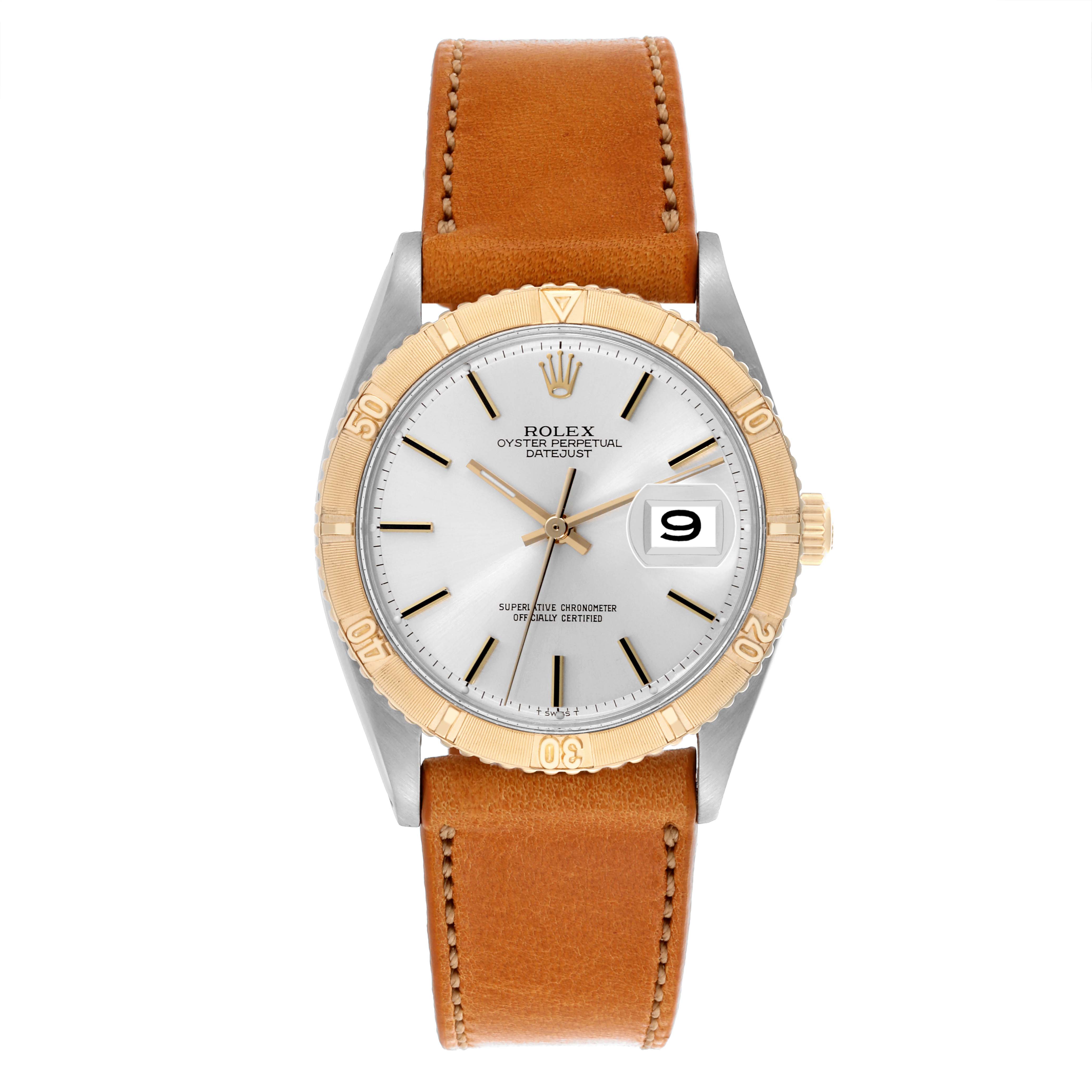 The Rolex Vintage Collection 1625 Men's Steel and Gold (two tone) Silver Dial 1625 Men's Steel and Gold (two tone) Silver Dial model watch is shown from a front view, highlighting the dial, bezel, and leather strap.