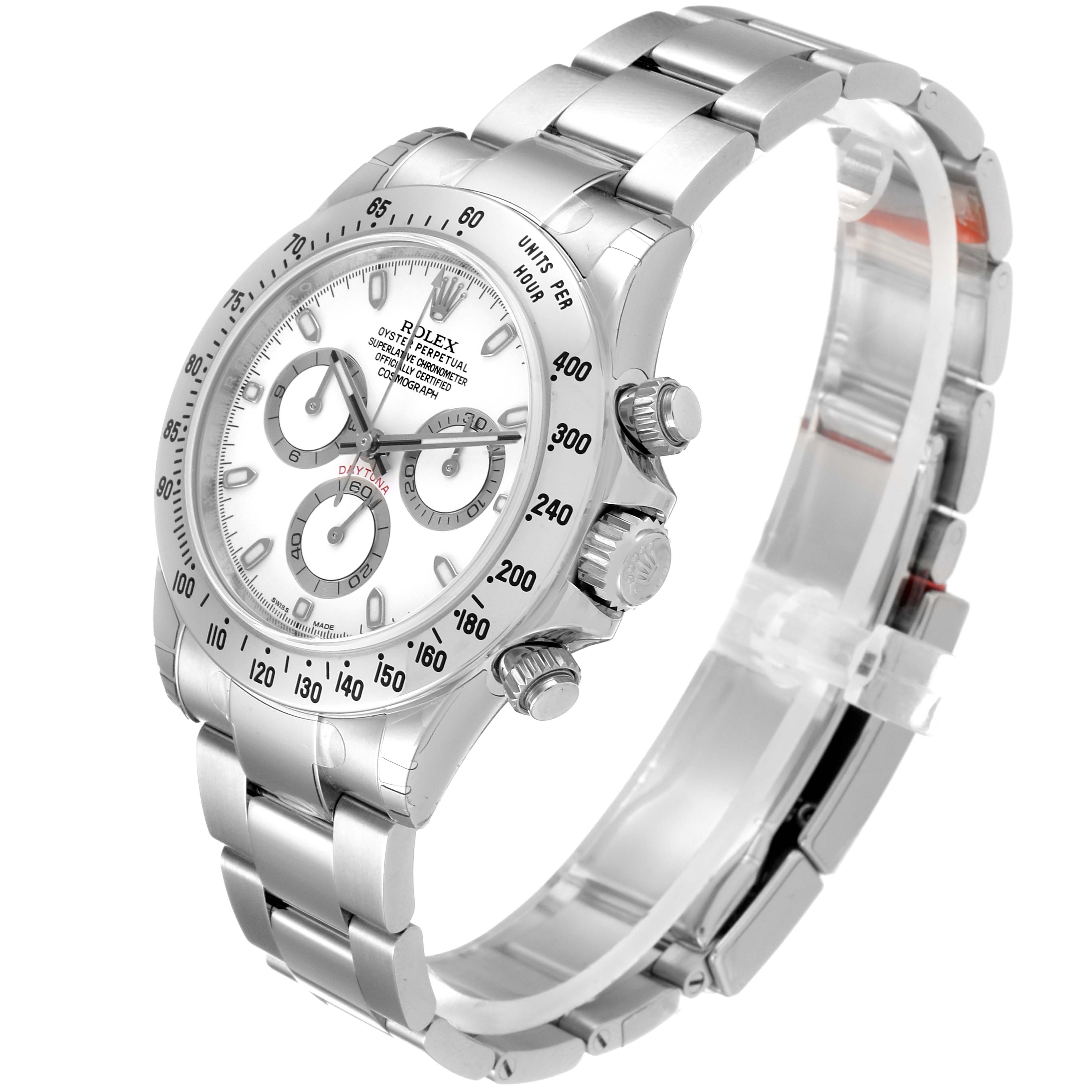 The Rolex Daytona 116520 Men's Stainless Steel White Dial 116520 Men's Stainless Steel White Dial watch is shown at a slight angle, displaying its face, bezel, crown, chronograph pushers, and bracelet.