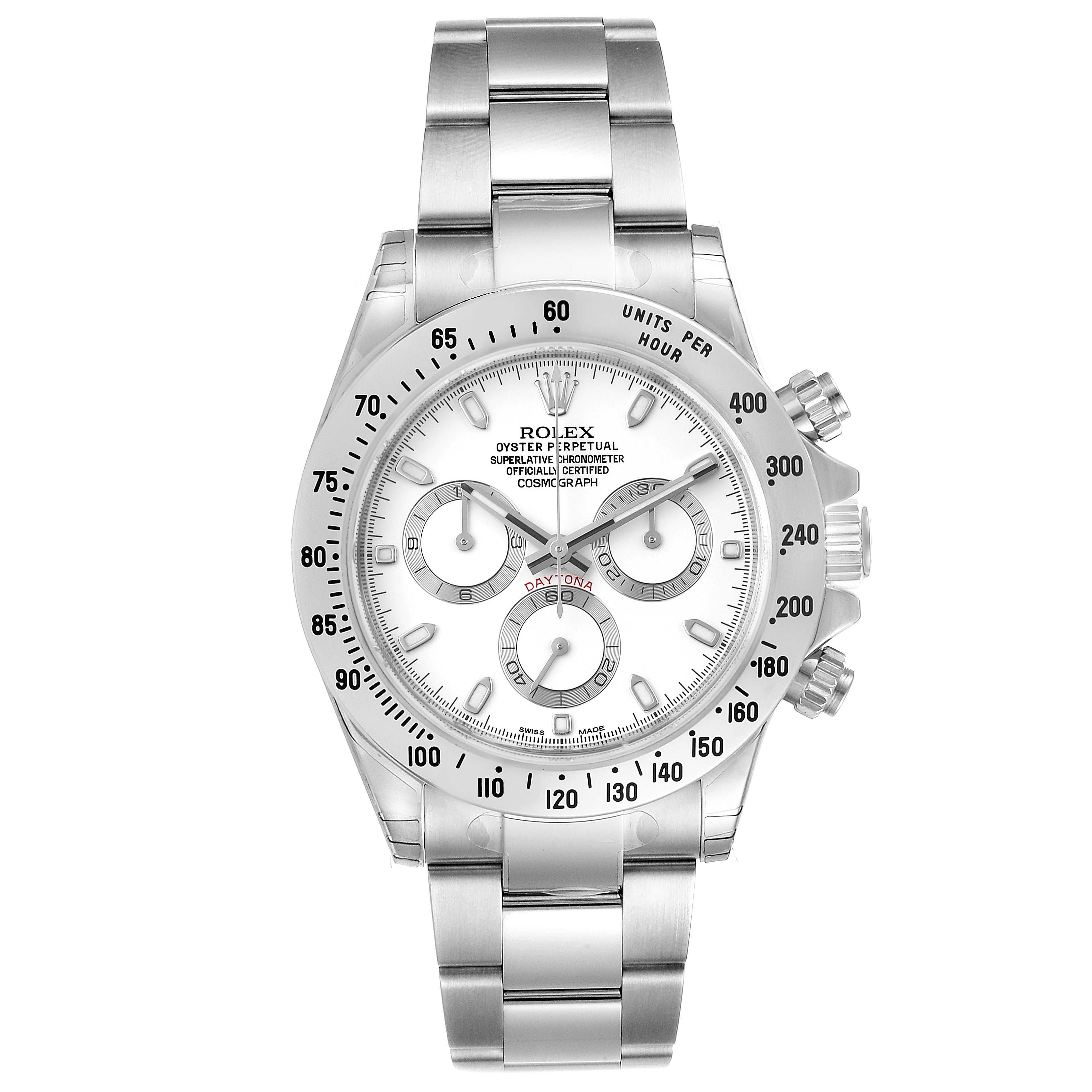 The image shows a front view of the Rolex Daytona 116520 Men's Stainless Steel White Dial 116520 Men's Stainless Steel White Dial watch, displaying its dial, bezel, and metal bracelet.