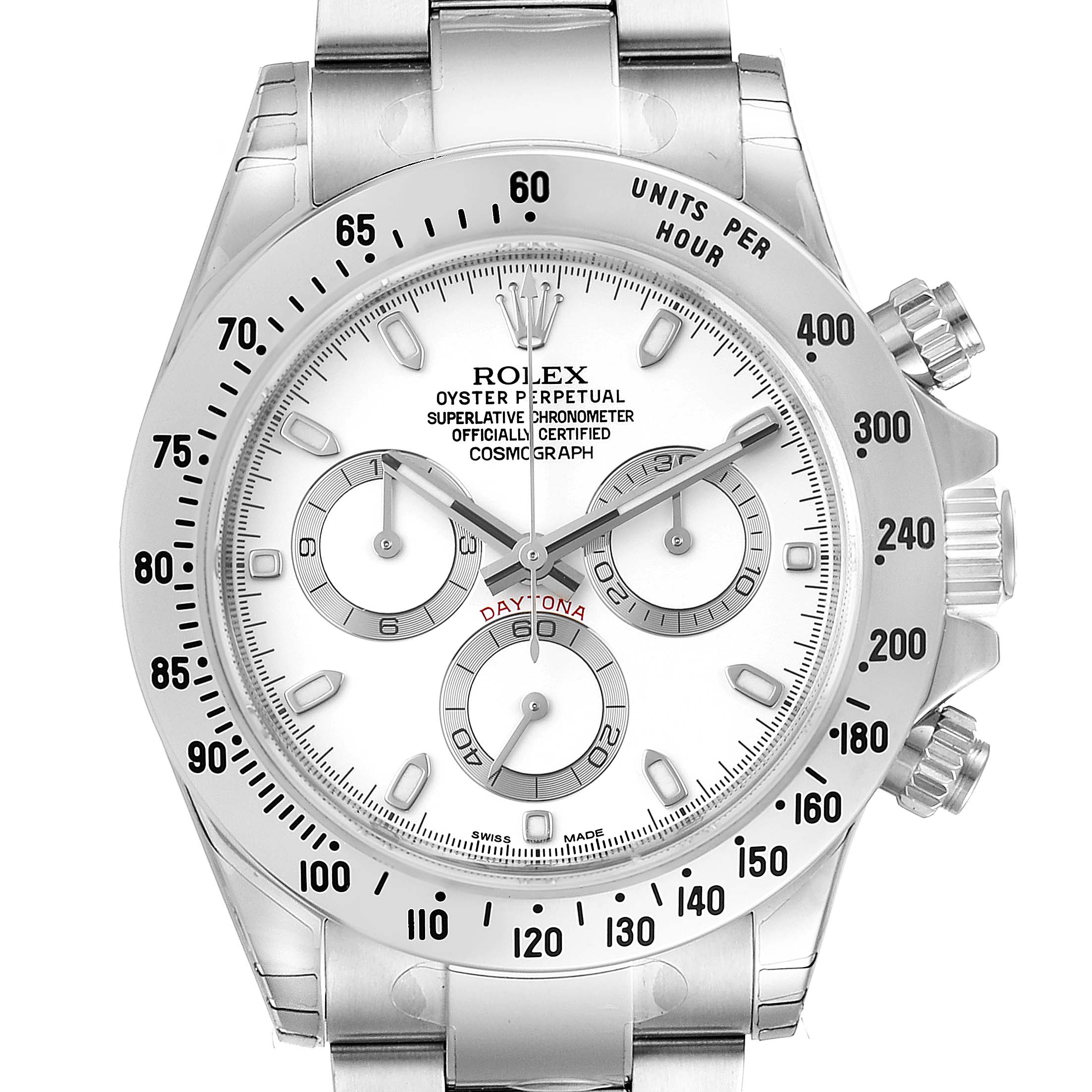 The image shows a front view of the Rolex Daytona 116520 Men's Stainless Steel White Dial 116520 Men's Stainless Steel White Dial watch, highlighting its chronograph dials and stainless steel bracelet.