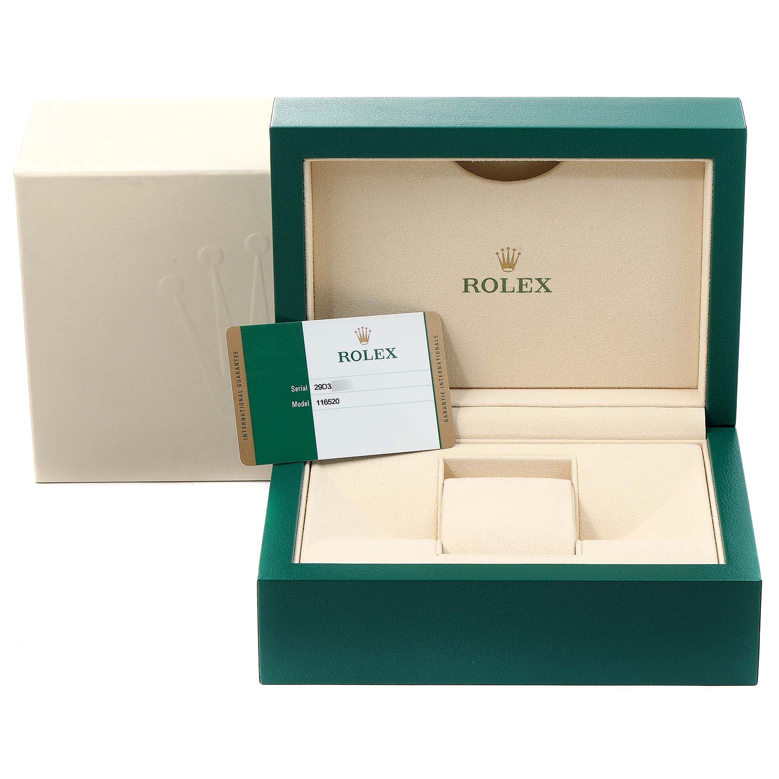 The image shows the packaging and certification card for a Rolex Daytona 116520 Men's Stainless Steel White Dial 116520 Men's Stainless Steel White Dial watch, with a green and cream-colored box.