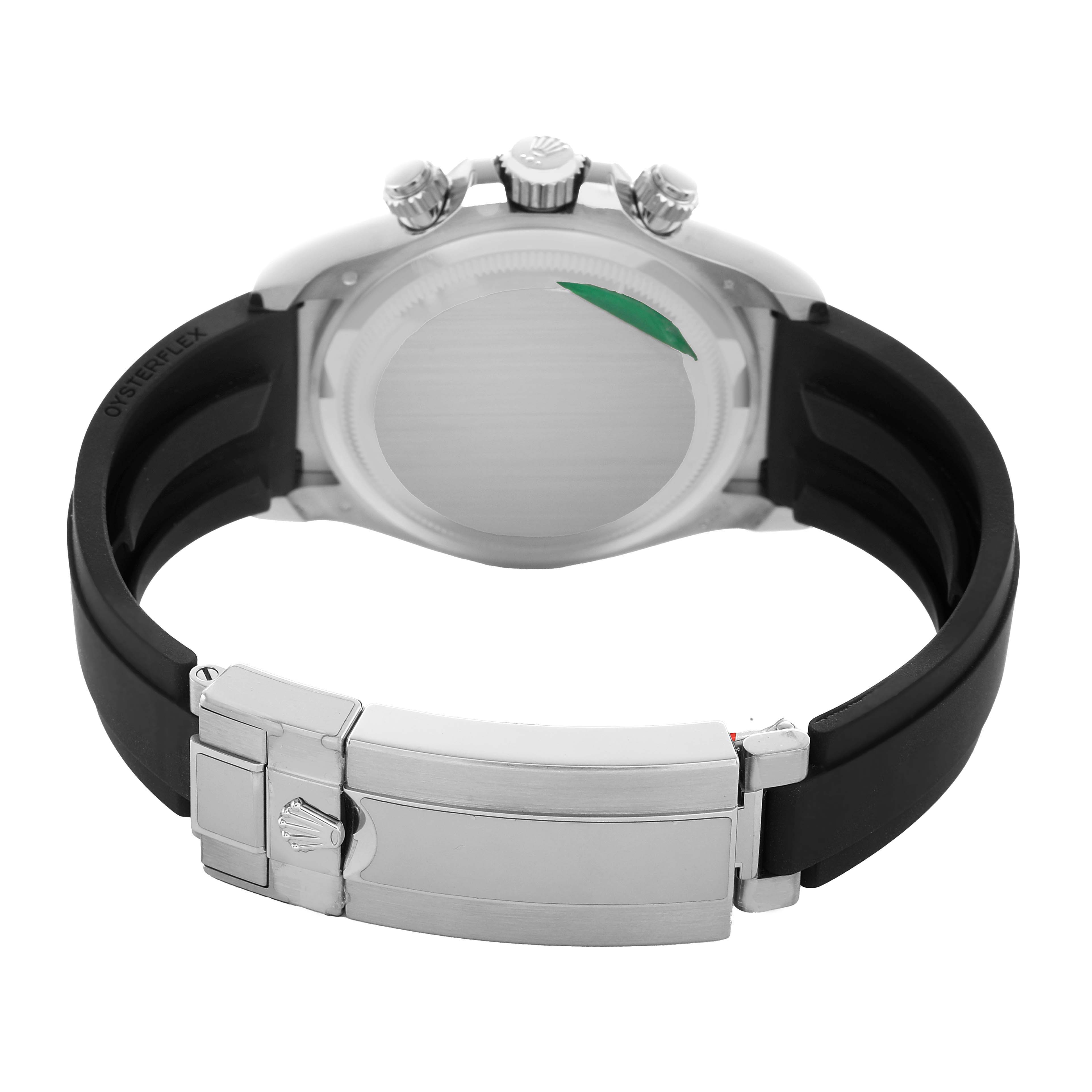 The image shows the back of a Rolex Daytona 126519 Men's White Gold Black Dial, highlighting the clasp, band, and case from a rear angle.