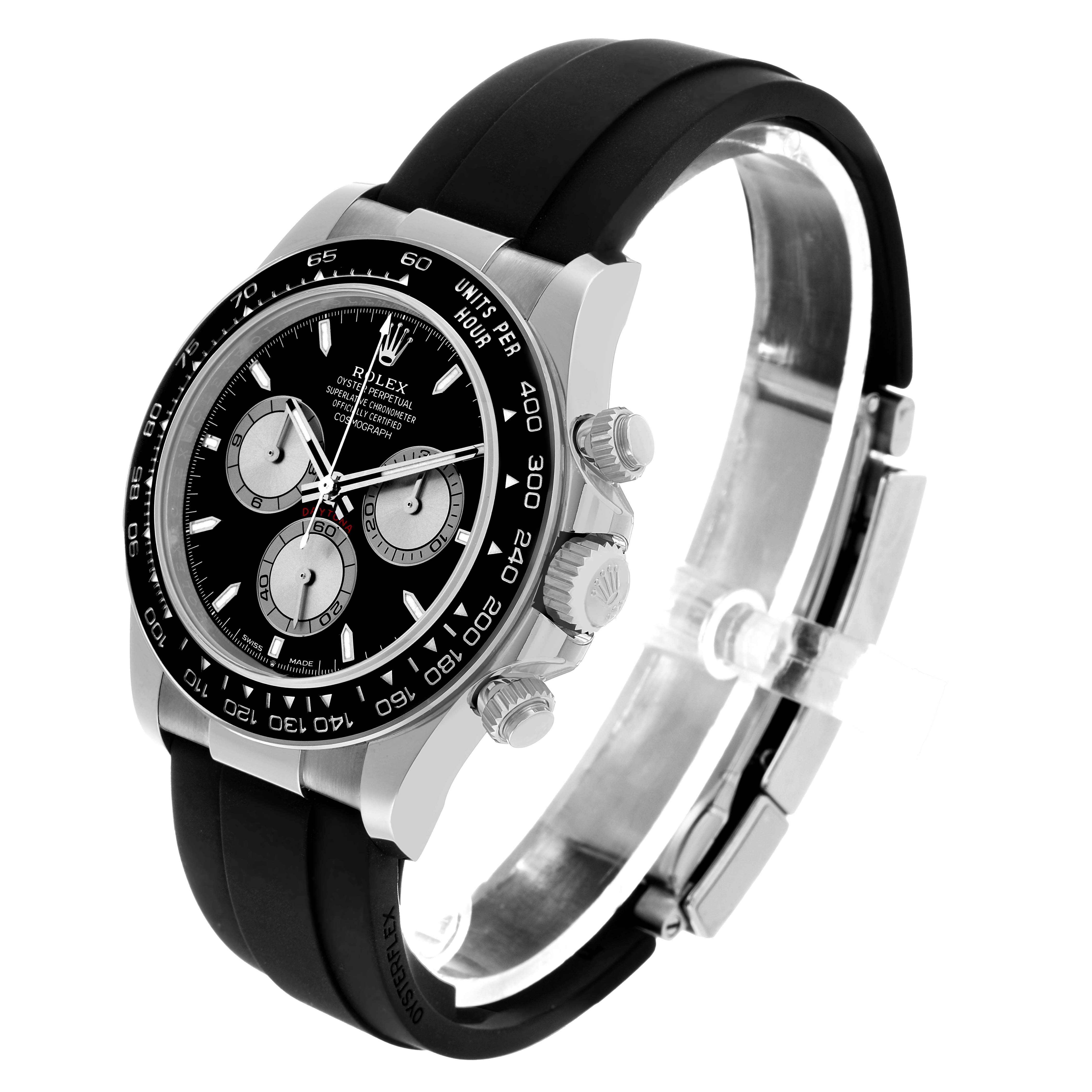 The Rolex Daytona 126519 Men's White Gold Black Dial watch is shown at an angled side view, highlighting the face, bezel, pushers, and partial strap.