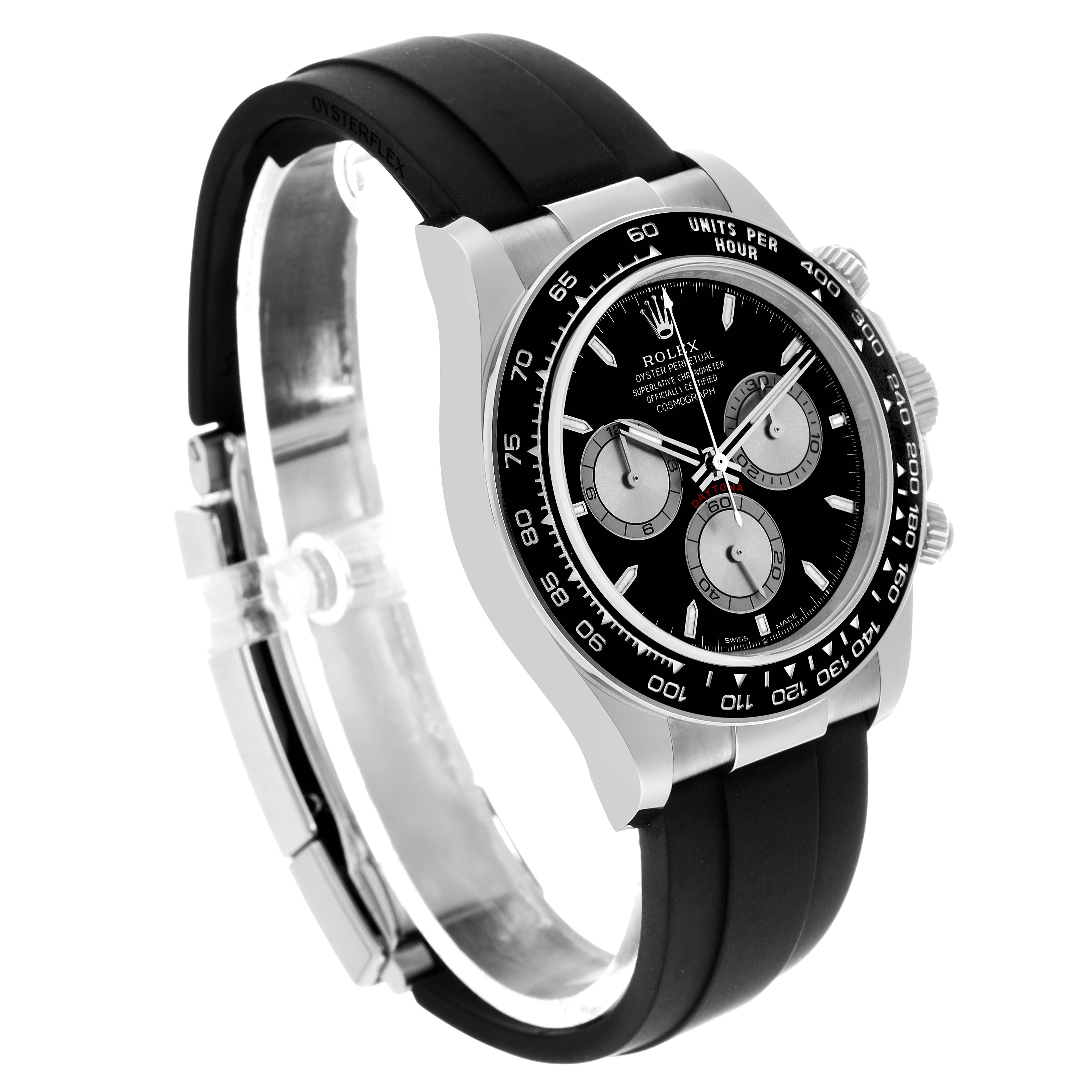 The Rolex Daytona 126519 Men's White Gold Black Dial watch is shown at a three-quarter angle, highlighting the bezel, dial, pushers, and black Oysterflex strap.