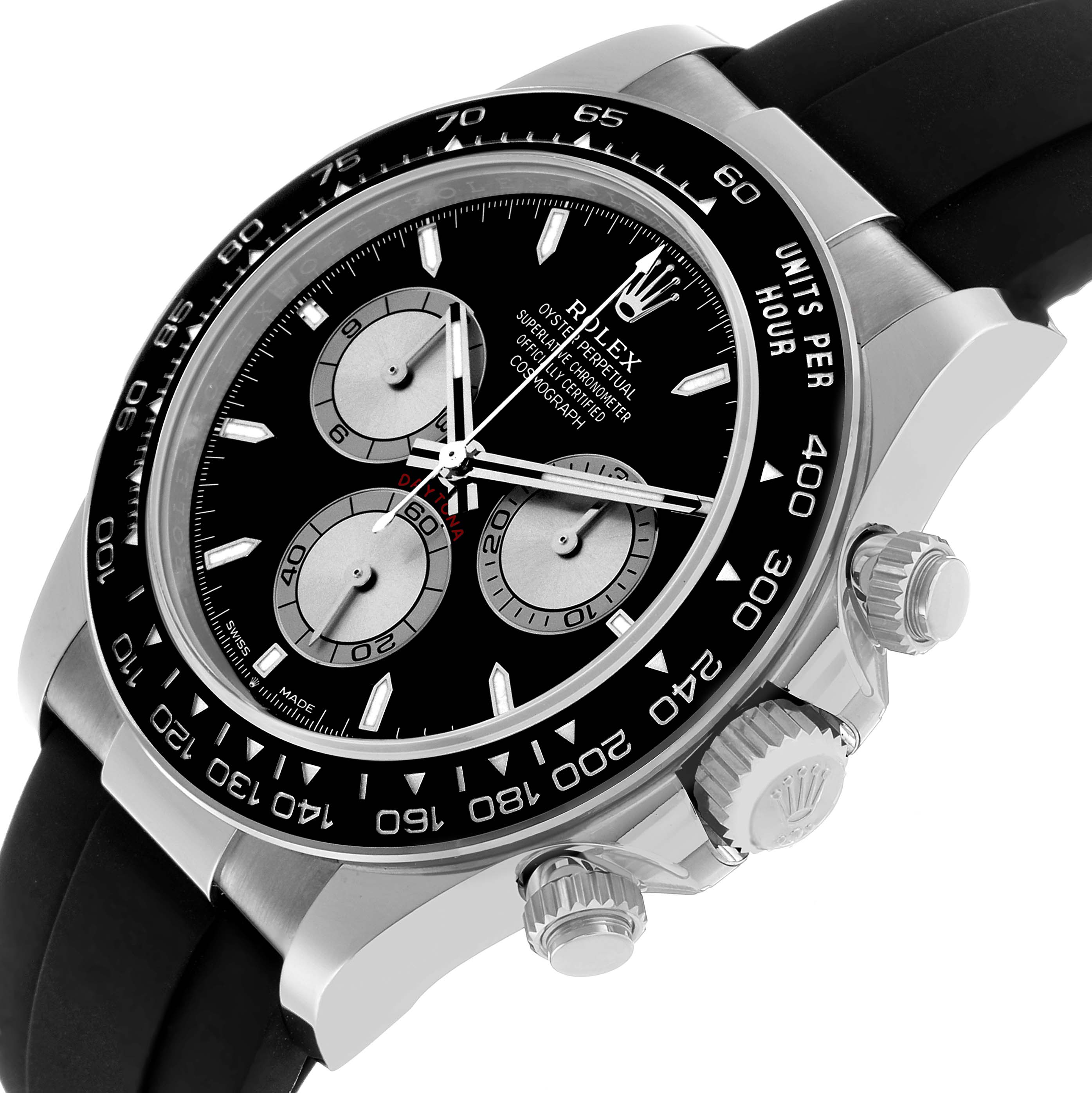 The Rolex Daytona 126519 Men's White Gold Black Dial watch is shown from a tilted angle, highlighting its bezel, dial, pushers, and crown.