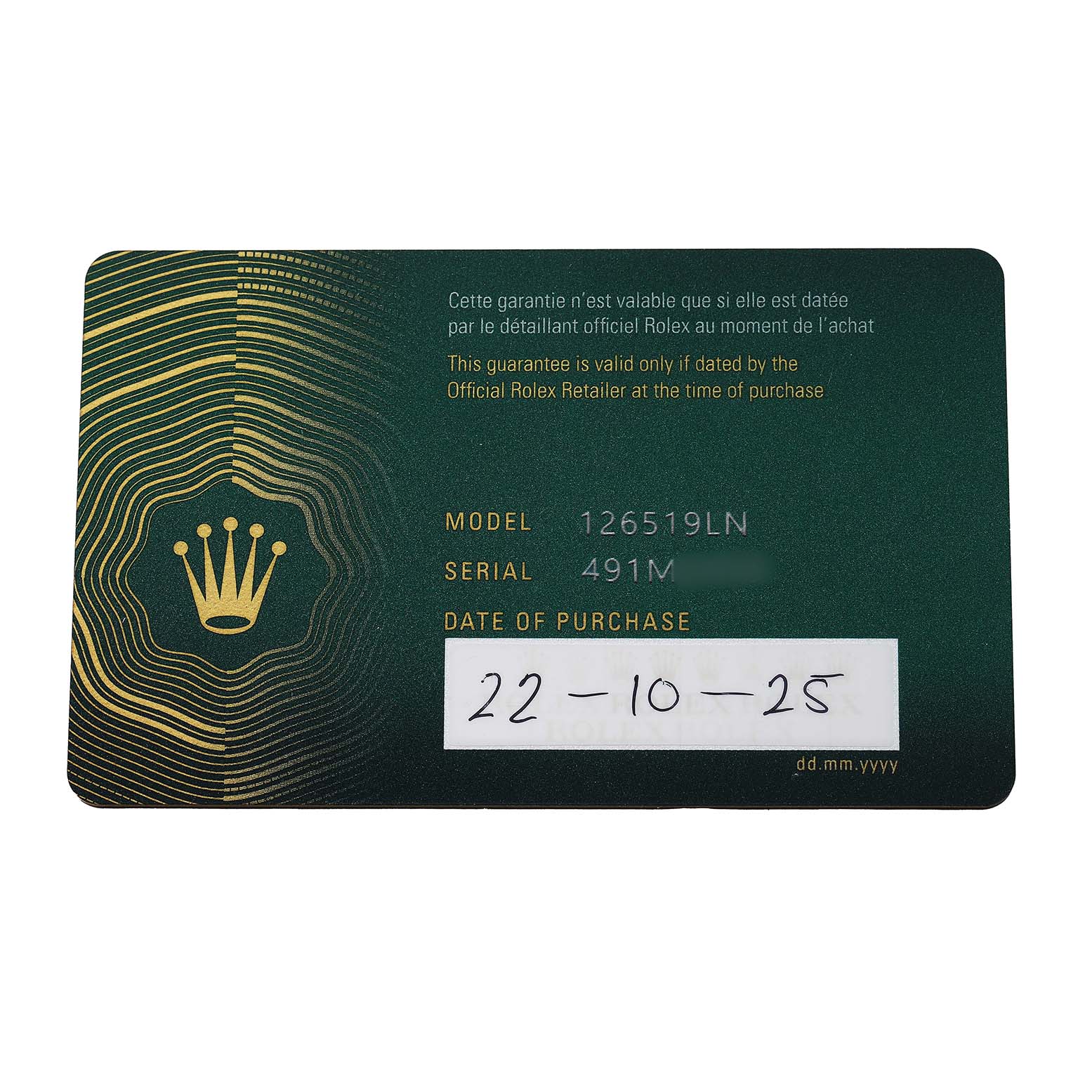 The image shows a guarantee card for a Rolex Daytona 126519 Men's White Gold Black Dial, displaying model, serial number, and purchase date.