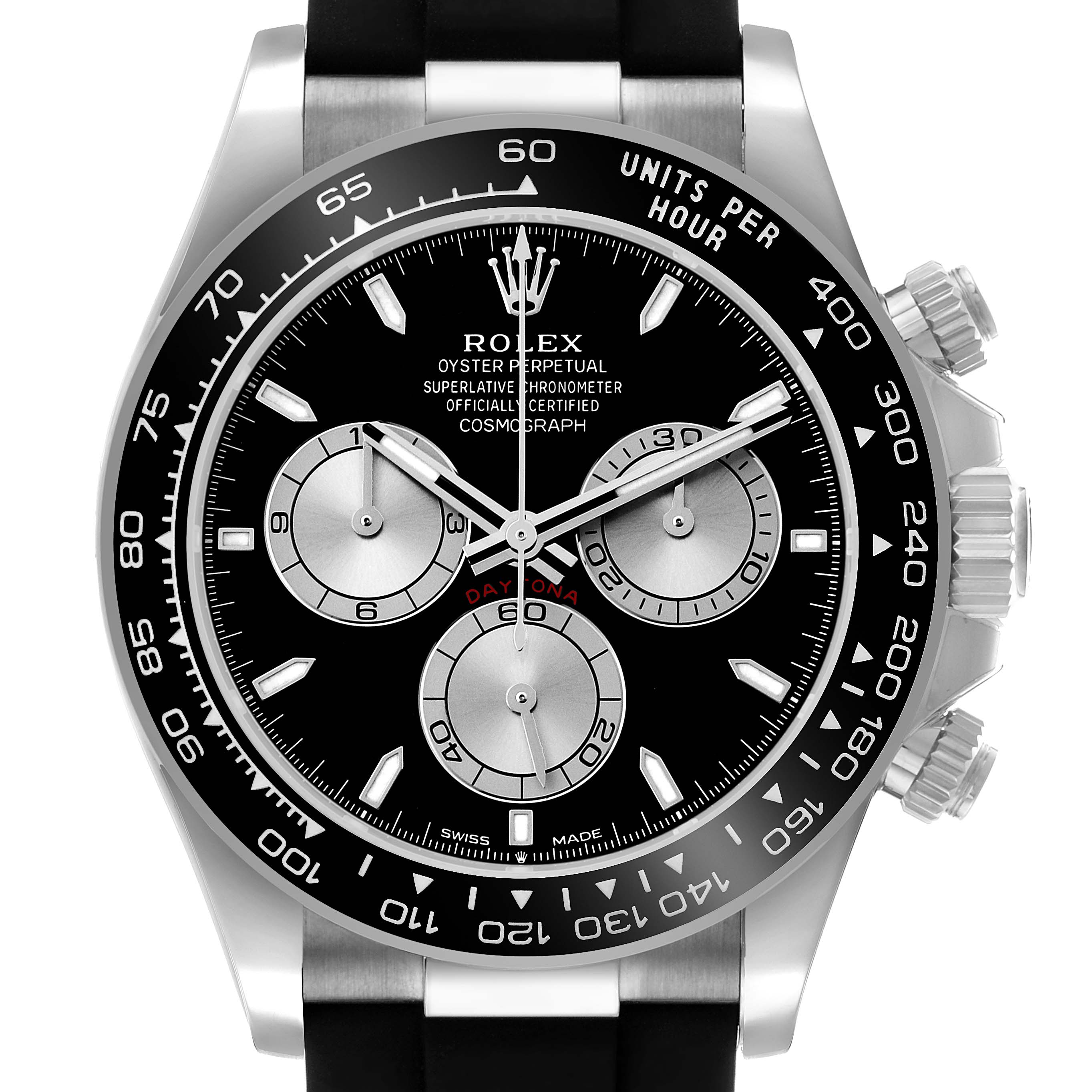 The Rolex Daytona 126519 Men's White Gold Black Dial watch is shown from the front, highlighting its bezel, dial, chronograph sub-dials, and pushers.
