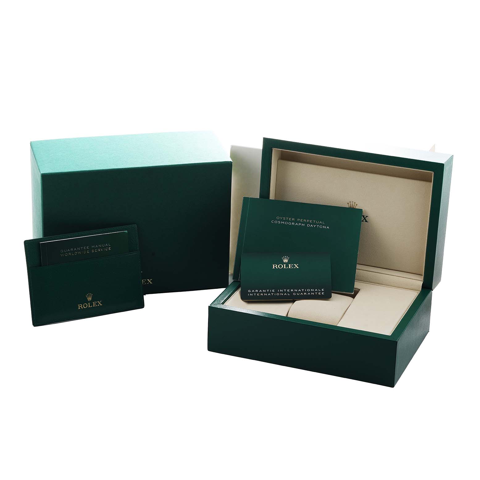 The image shows a Rolex Daytona 126519 Men's White Gold Black Dial watch box at an angle with accessories including a guarantee and manual.