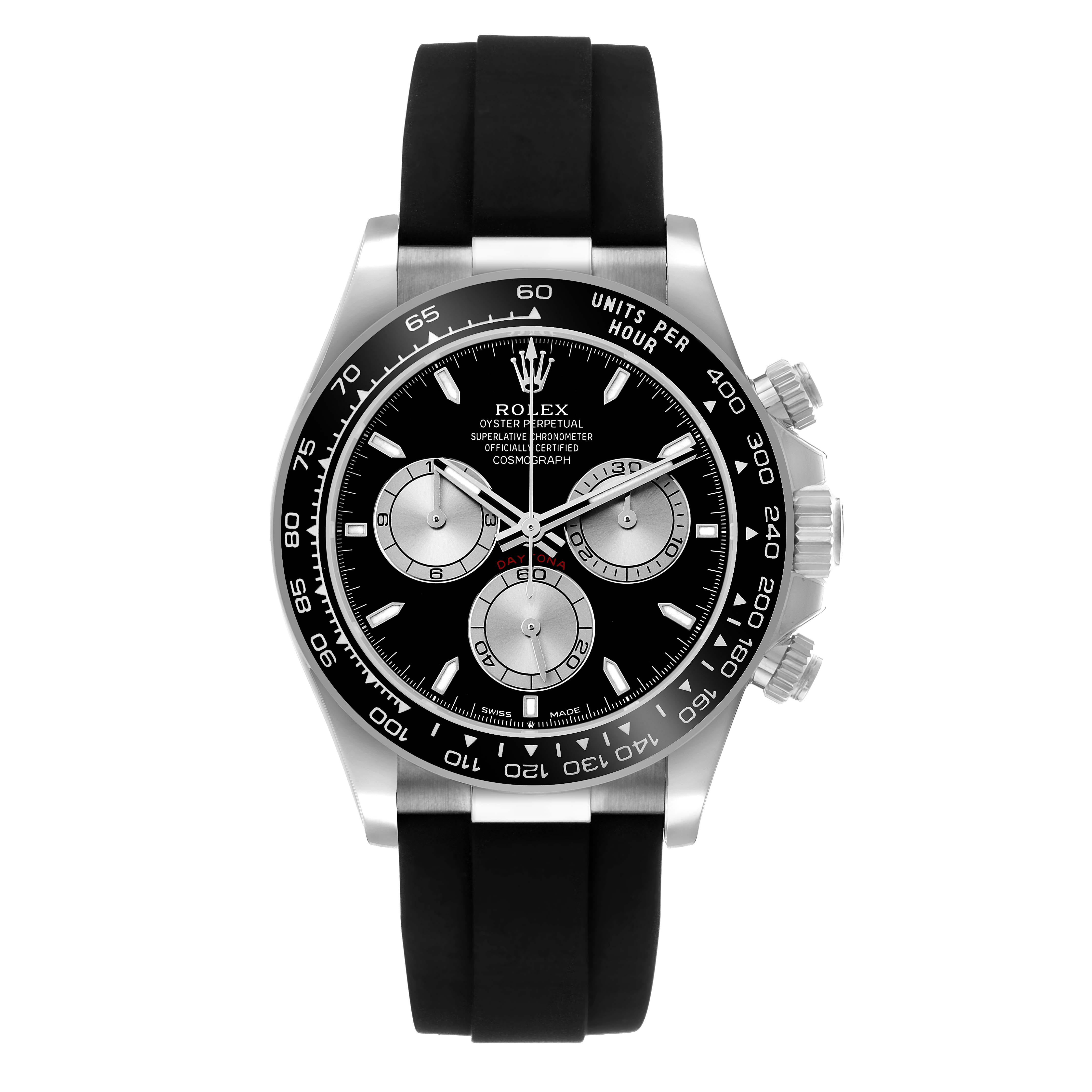 The Rolex Daytona 126519 Men's White Gold Black Dial watch is shown from the front, highlighting the black dial, silver subdials, bezel, and rubber strap.
