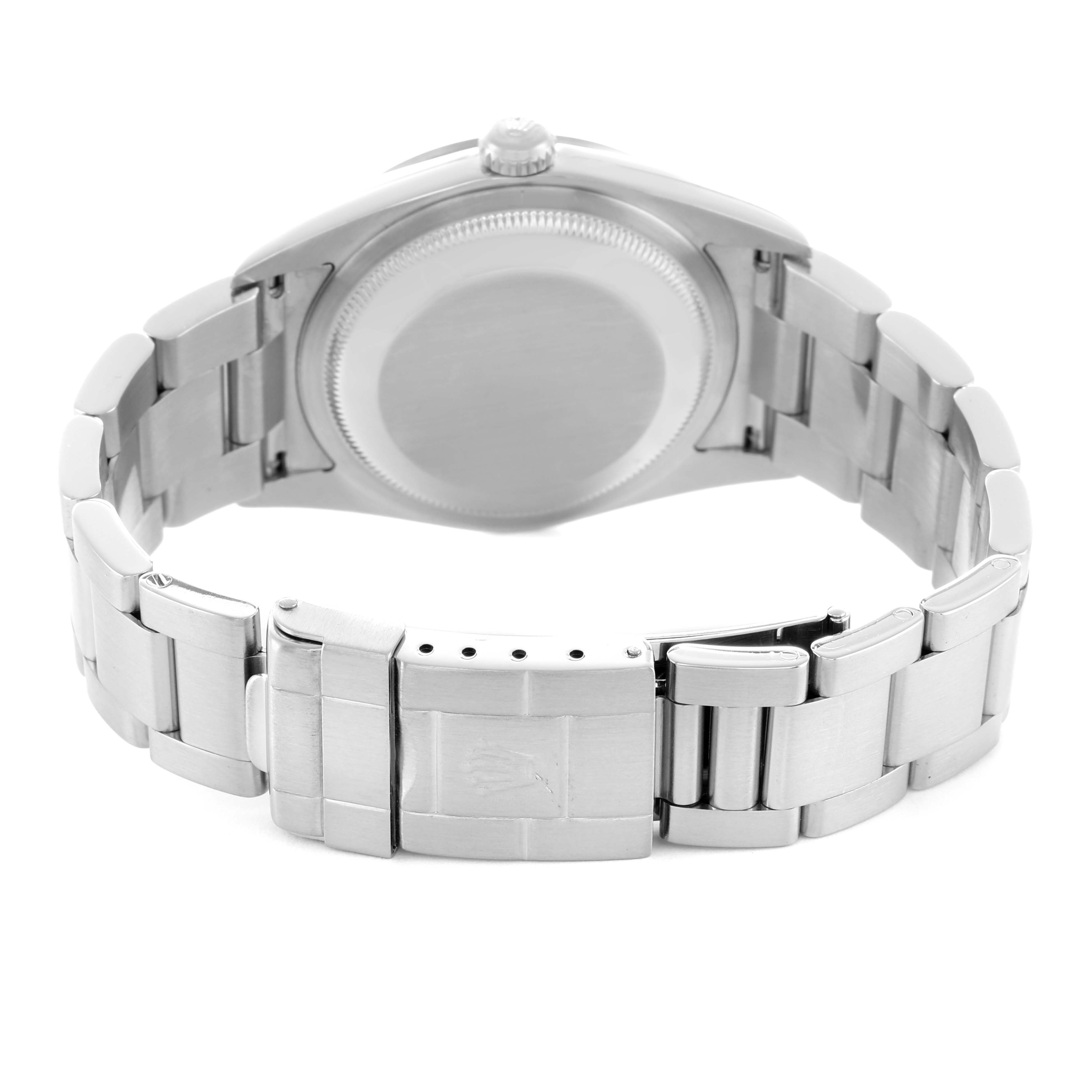 The image shows the back and bracelet of a Rolex Explorer 114270 Men's Stainless Steel Black Dial watch, focusing on the clasp and case back.