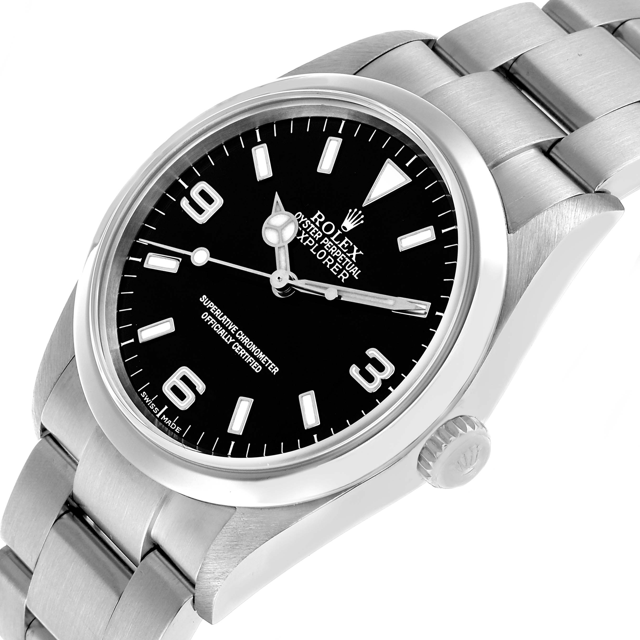 The Rolex Explorer 114270 Men's Stainless Steel Black Dial watch is shown at a slight angle, highlighting the black dial, bezel, crown, and part of the bracelet.