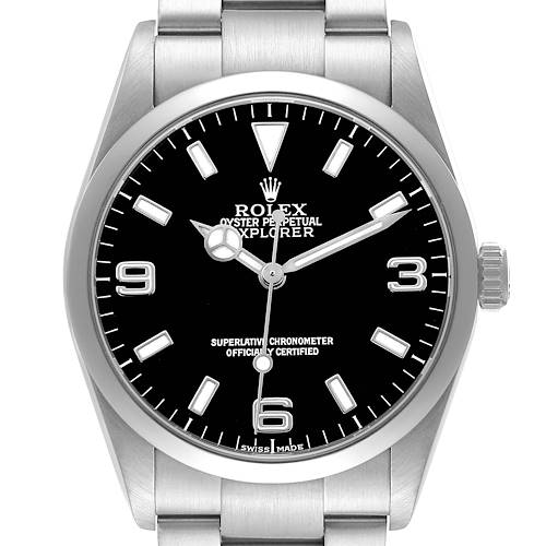The image shows a front view of a Rolex Explorer 114270 Men's Stainless Steel Black Dial watch, highlighting its black dial, luminescent hour markers, and Oyster case.