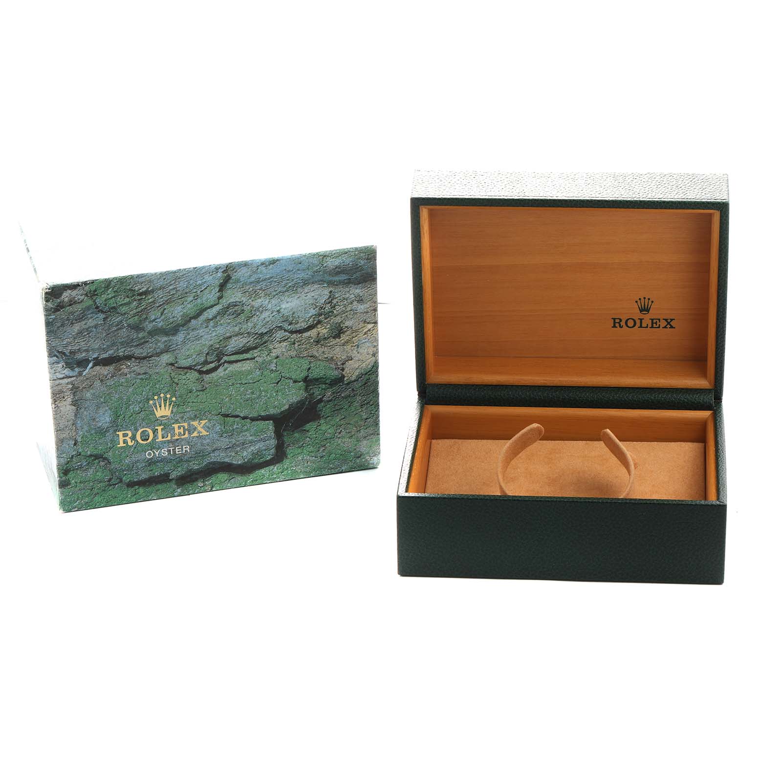 The image shows an open Rolex Explorer 114270 Men's Stainless Steel Black Dial watch box and an exterior sleeve, viewed from the front.