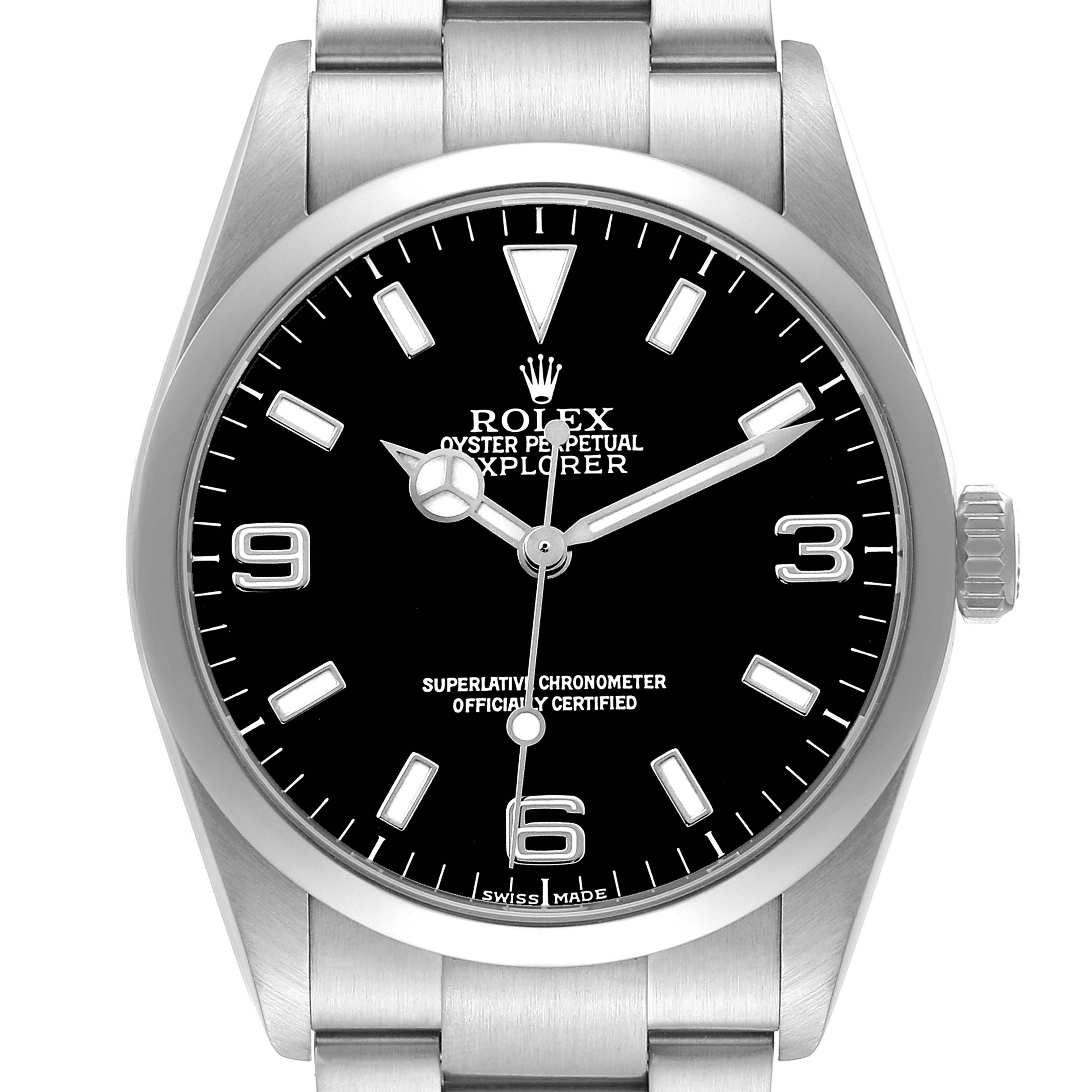 The Rolex Explorer 114270 Men's Stainless Steel Black Dial watch is shown from a front angle, displaying the dial, hands, crown, and part of the bracelet.