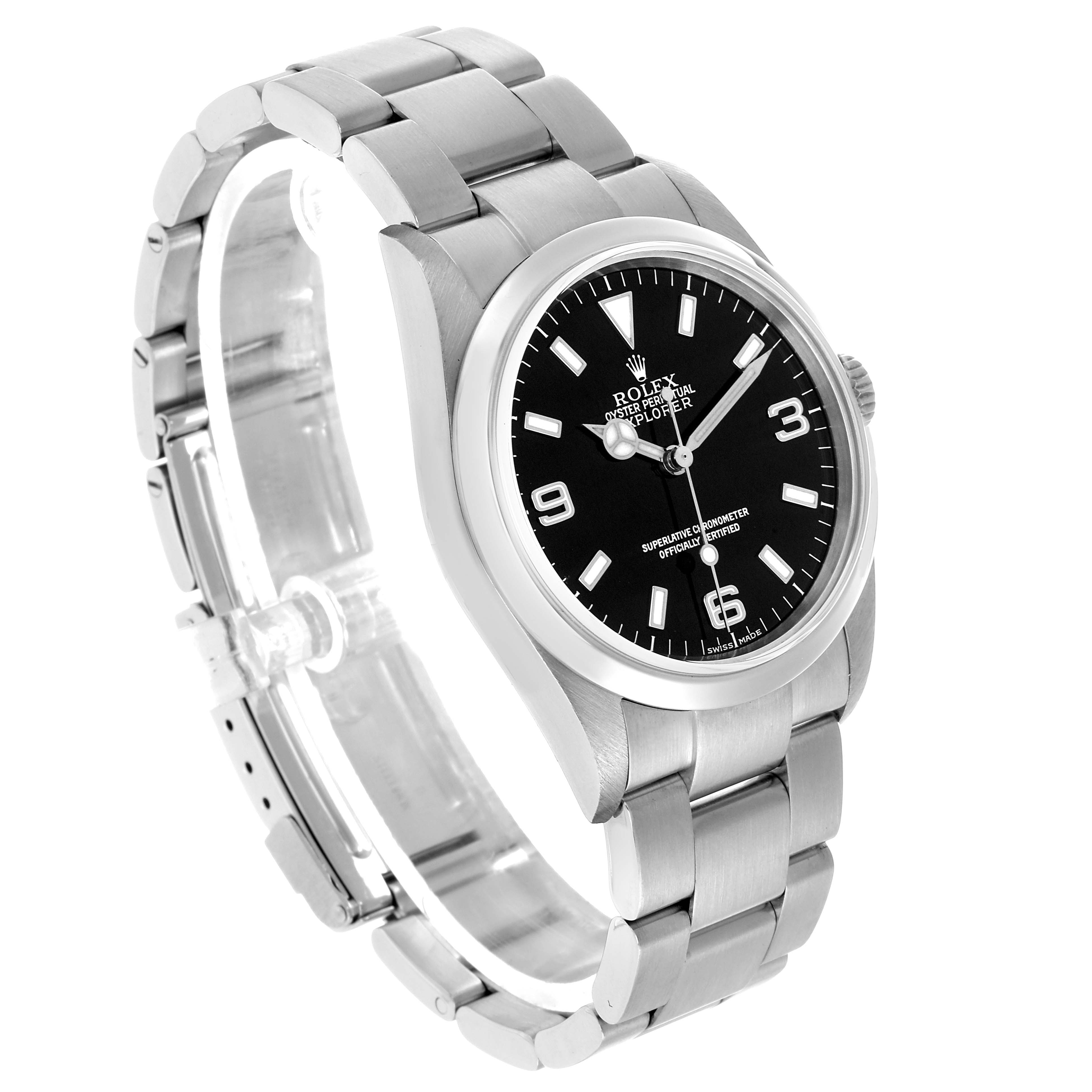 The Rolex Explorer 114270 Men's Stainless Steel Black Dial watch is shown at a three-quarter angle displaying the dial, bezel, bracelet, and crown.