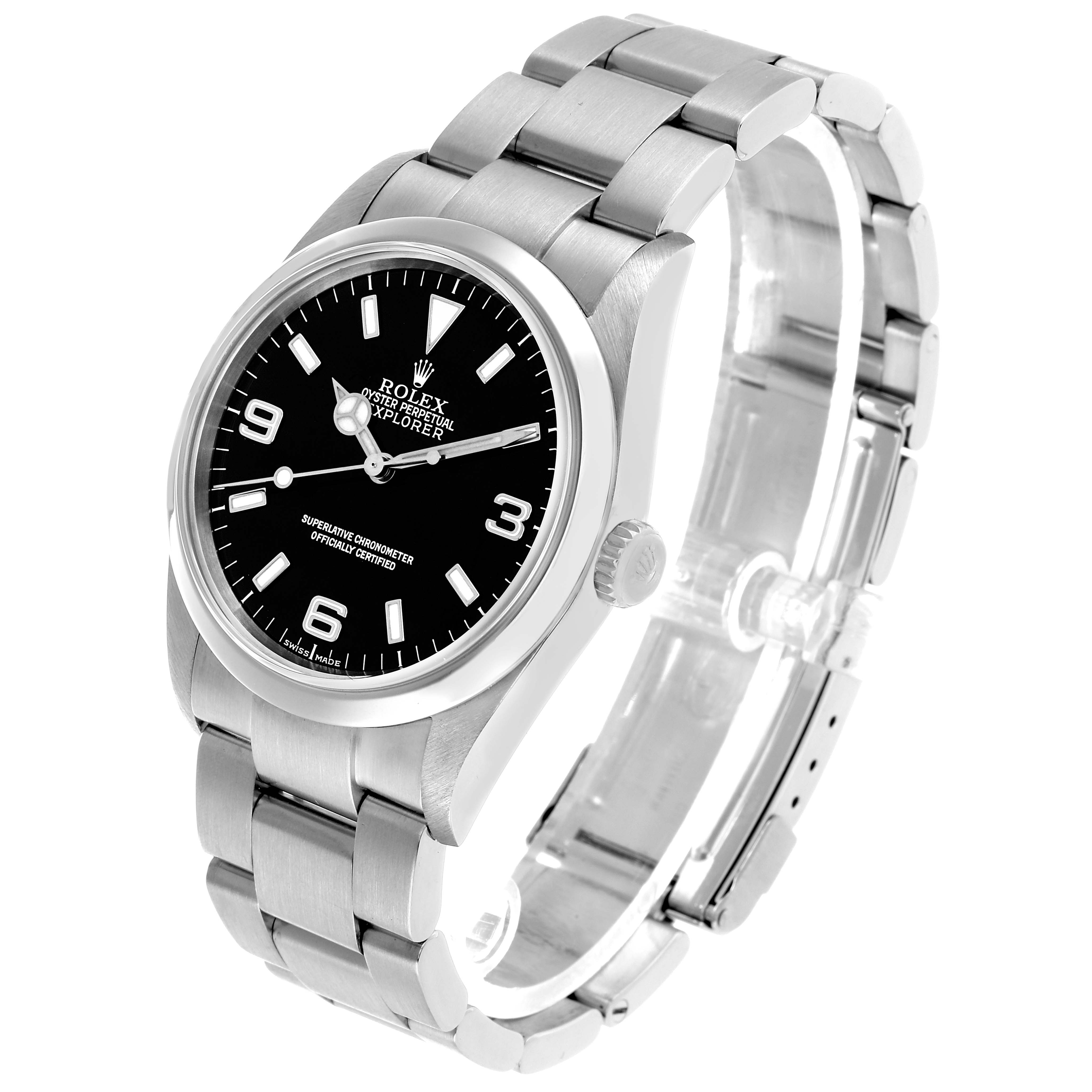 The Rolex Explorer 114270 Men's Stainless Steel Black Dial watch is shown at a three-quarter angle, displaying the face, bezel, crown, and stainless steel bracelet.