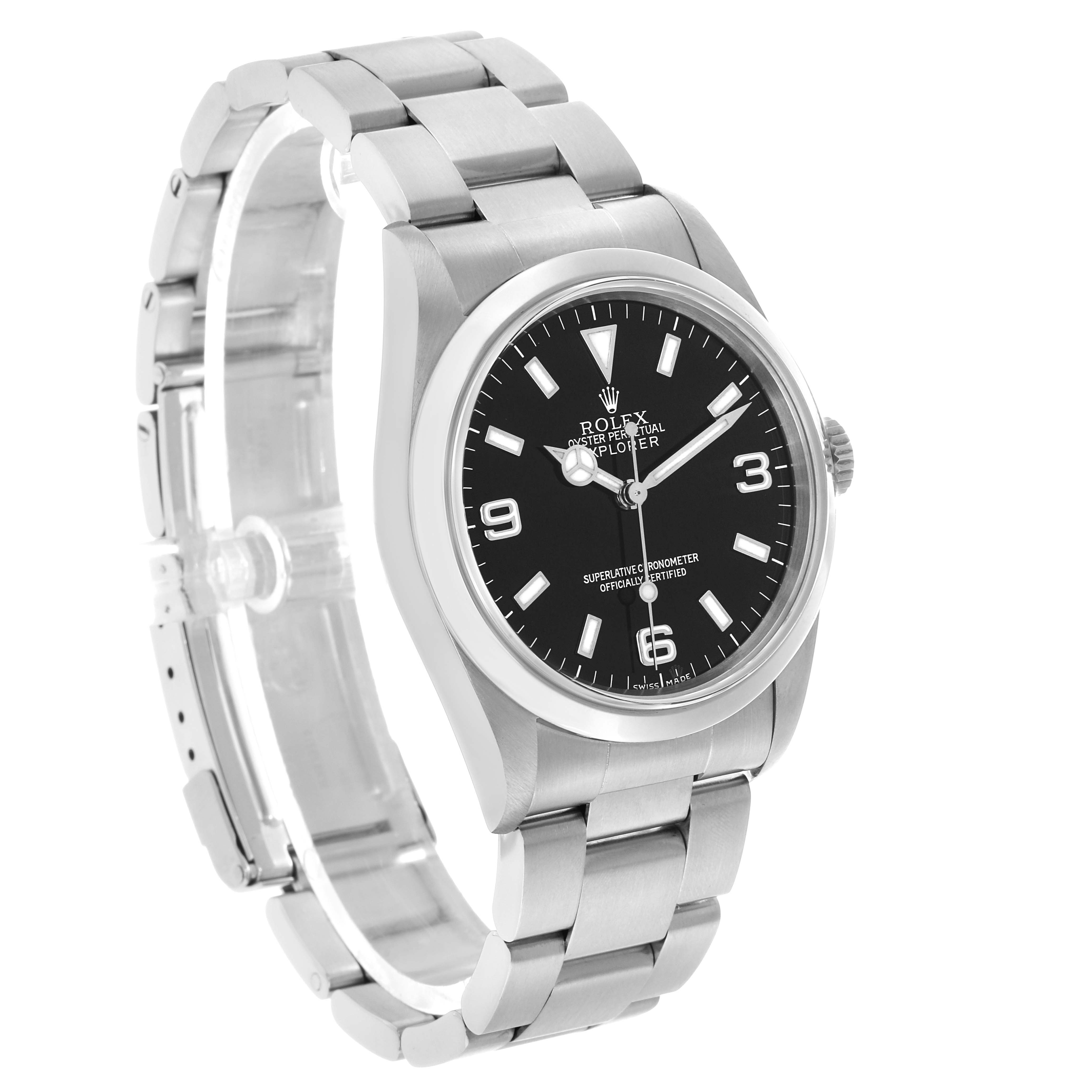 The Rolex Explorer 14270 Men's Stainless Steel Black Dial watch is shown at an angle highlighting the face, bezel, and bracelet.