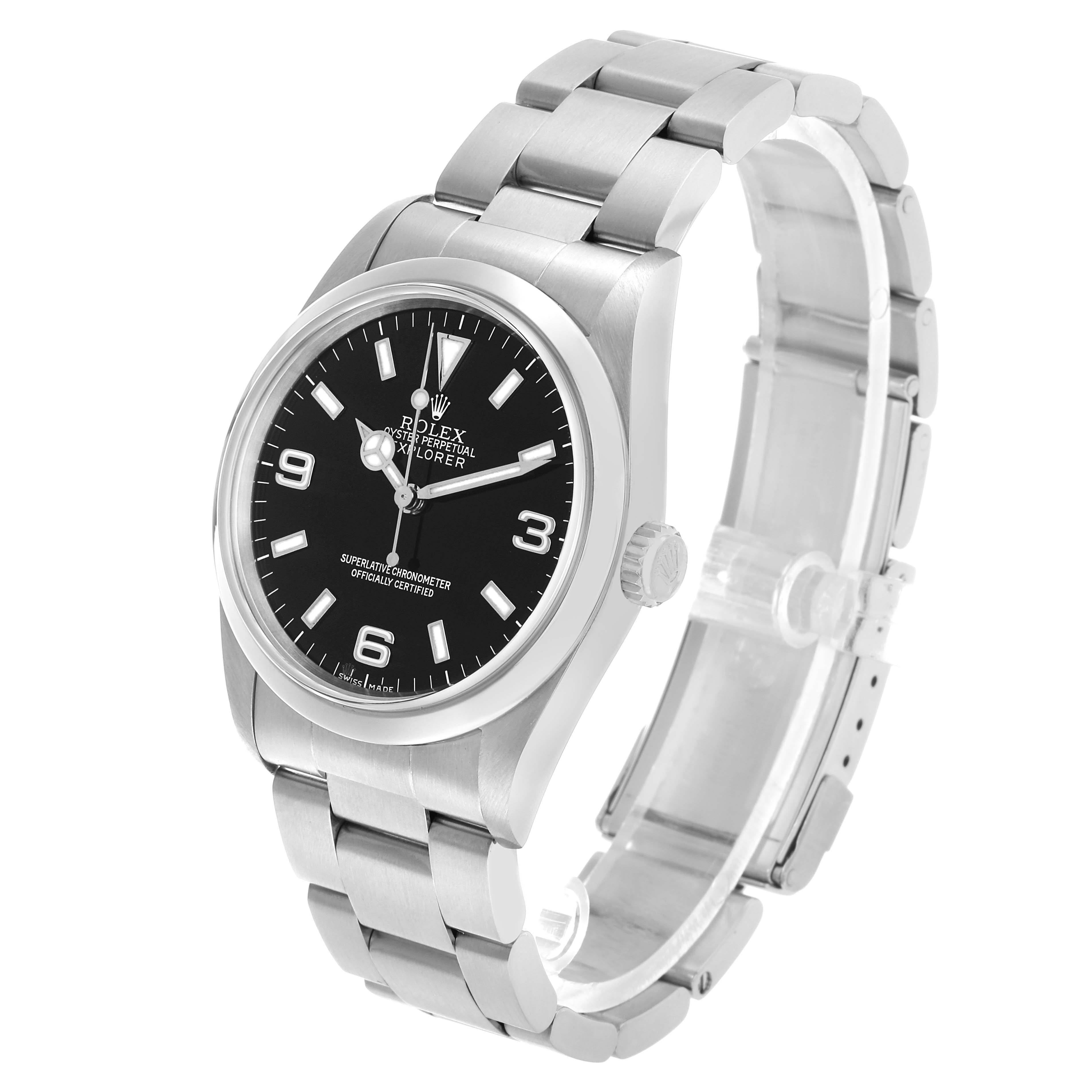 The Rolex Explorer 14270 Men's Stainless Steel Black Dial watch is shown at an angled view, highlighting the face, case, and bracelet.