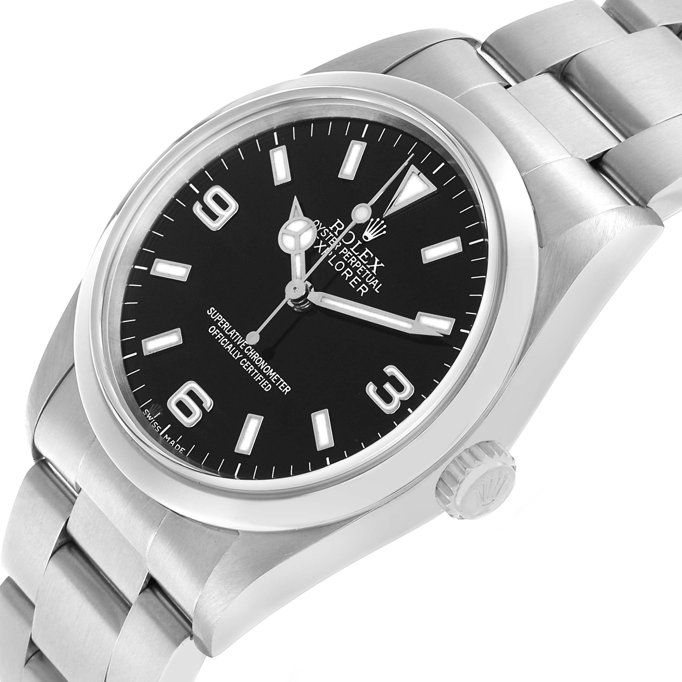 The Rolex Explorer 14270 Men's Stainless Steel Black Dial watch is shown at a tilted angle, highlighting the dial, bezel, crown, and bracelet.