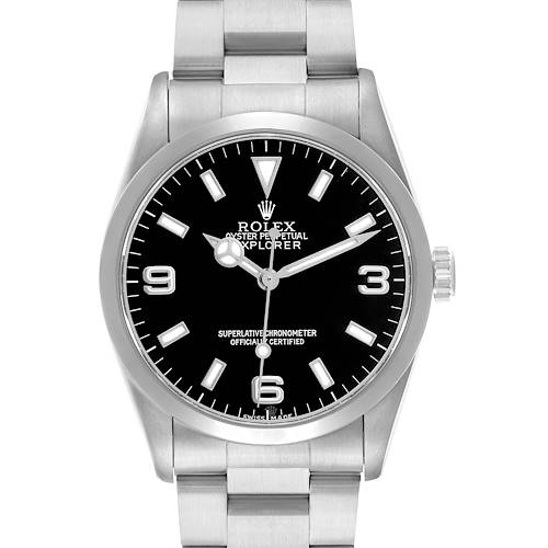 The Rolex Explorer 14270 Men's Stainless Steel Black Dial watch is shown from the front, displaying the dial, bezel, and a portion of the bracelet.