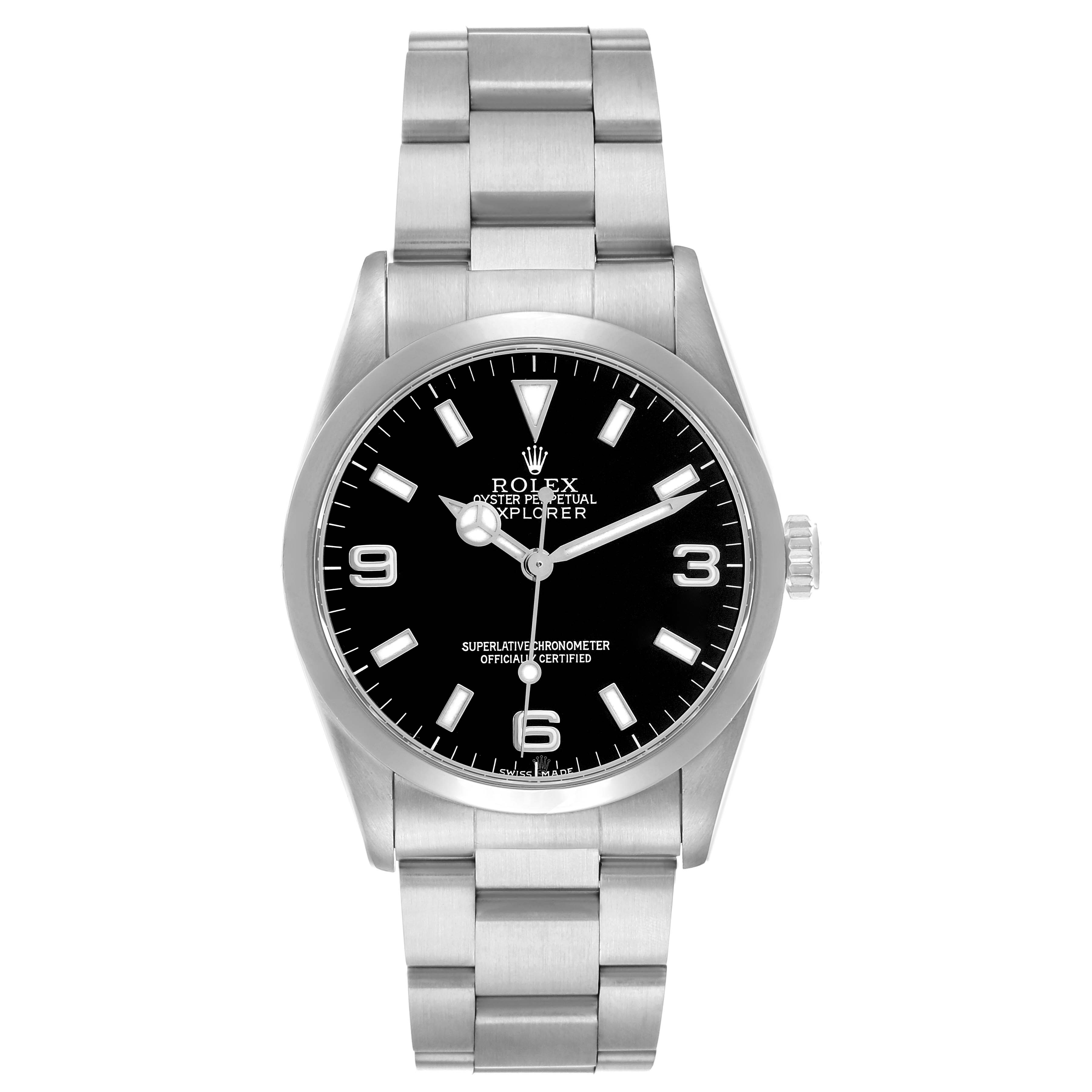 The Rolex Explorer 14270 Men's Stainless Steel Black Dial watch is shown from the front, displaying its face, bezel, and parts of the bracelet.