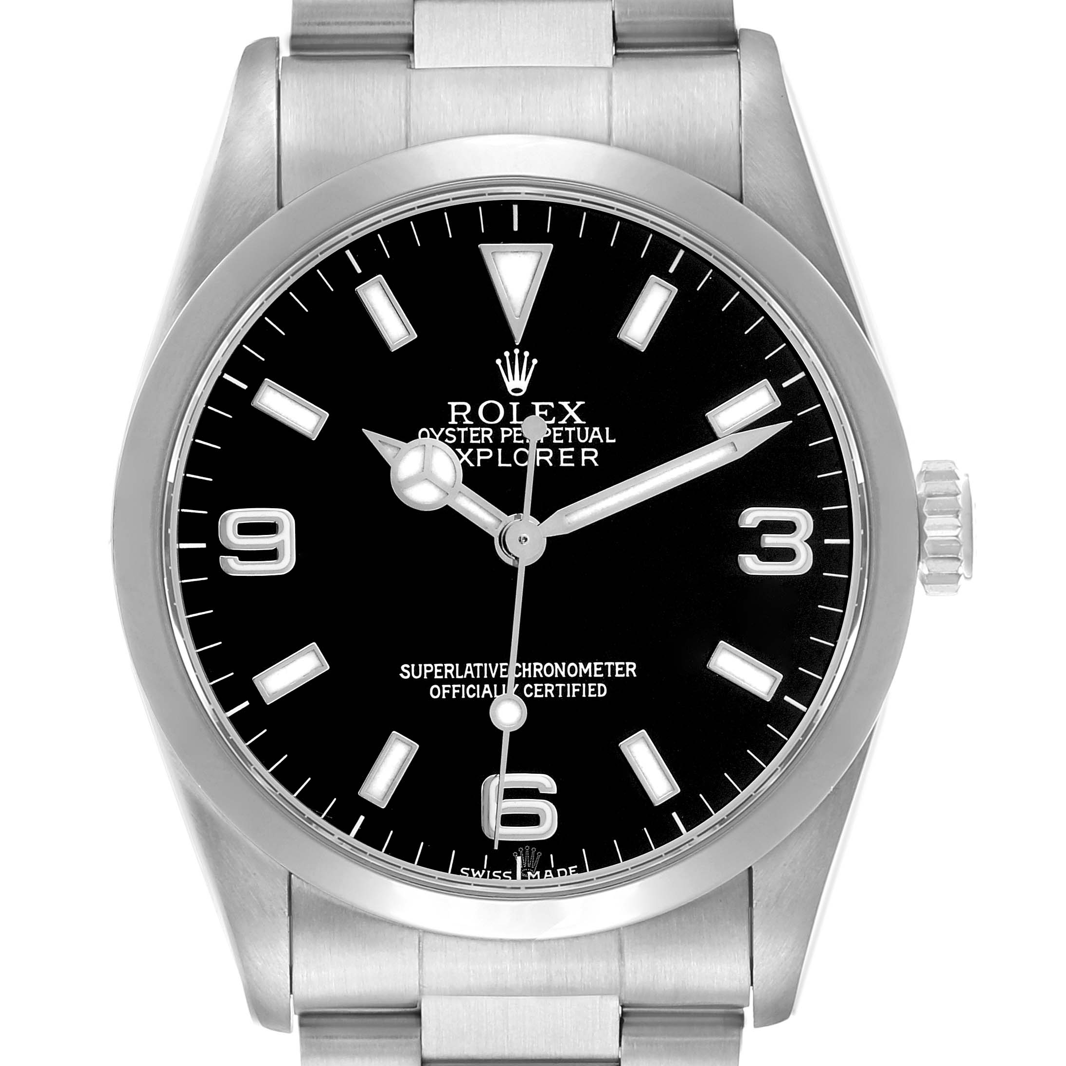 The Rolex Explorer 14270 Men's Stainless Steel Black Dial watch is shown from a front angle, highlighting the dial, hands, and bracelet.