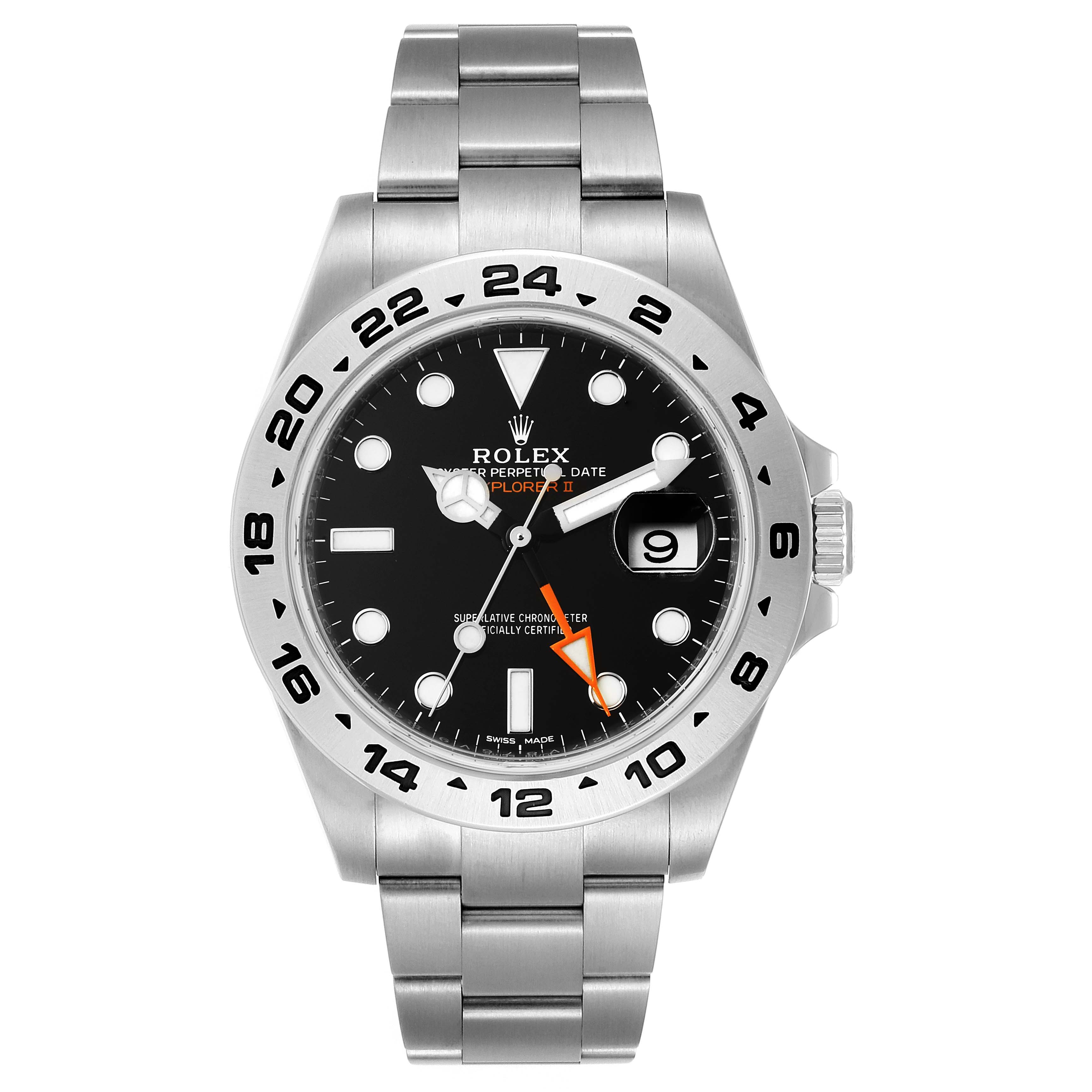 This image shows the front view of a Rolex Explorer 216570 Men
s Stainless Steel Black Dial 216570 Men
s Stainless Steel Black Dial model, displaying the face, bezel, and bracelet.