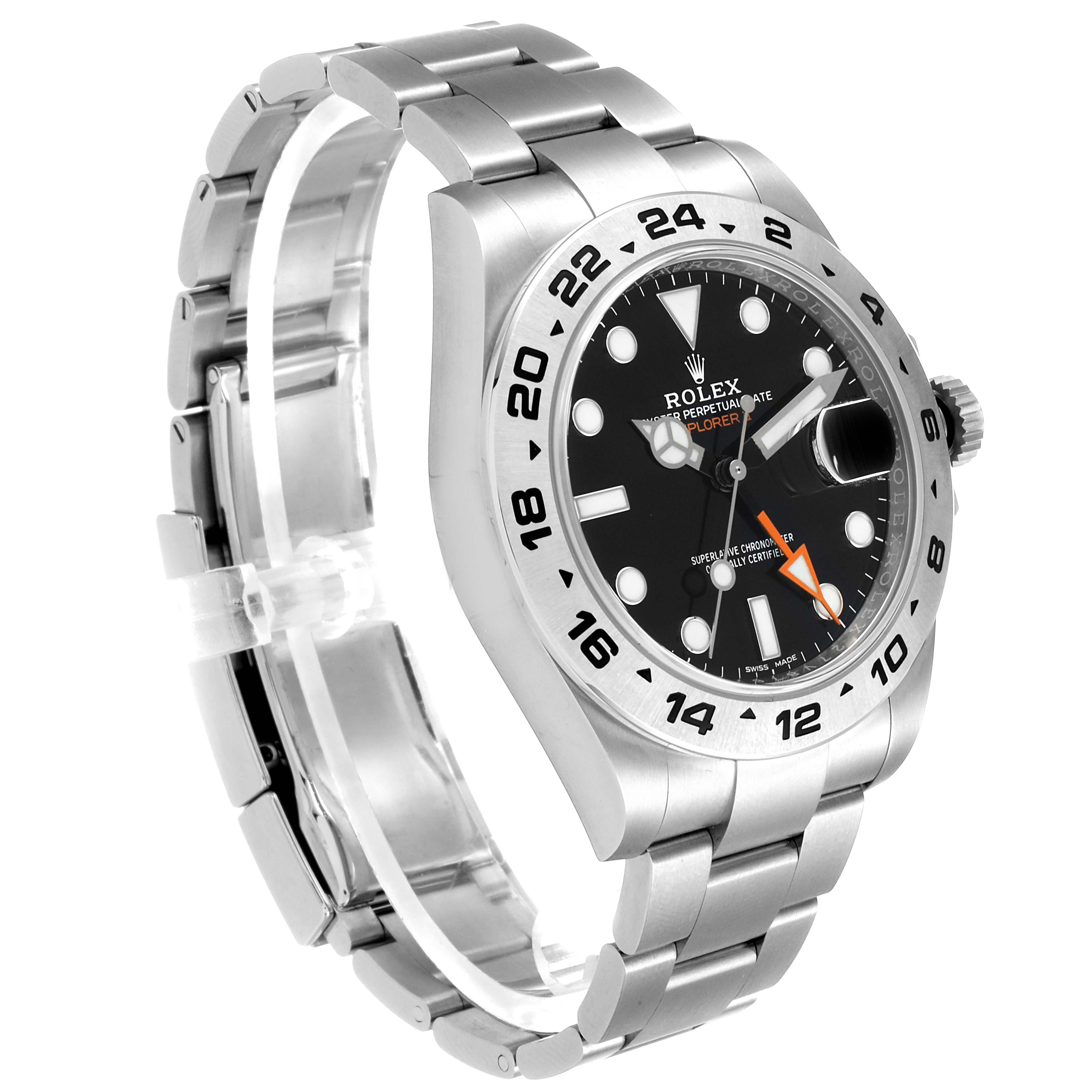 The Rolex Explorer 216570 Men
s Stainless Steel Black Dial 216570 Men
s Stainless Steel Black Dial watch is shown at an angled side view, displaying its black dial, stainless steel case, bracelet, and bezel with Arabic numerals.