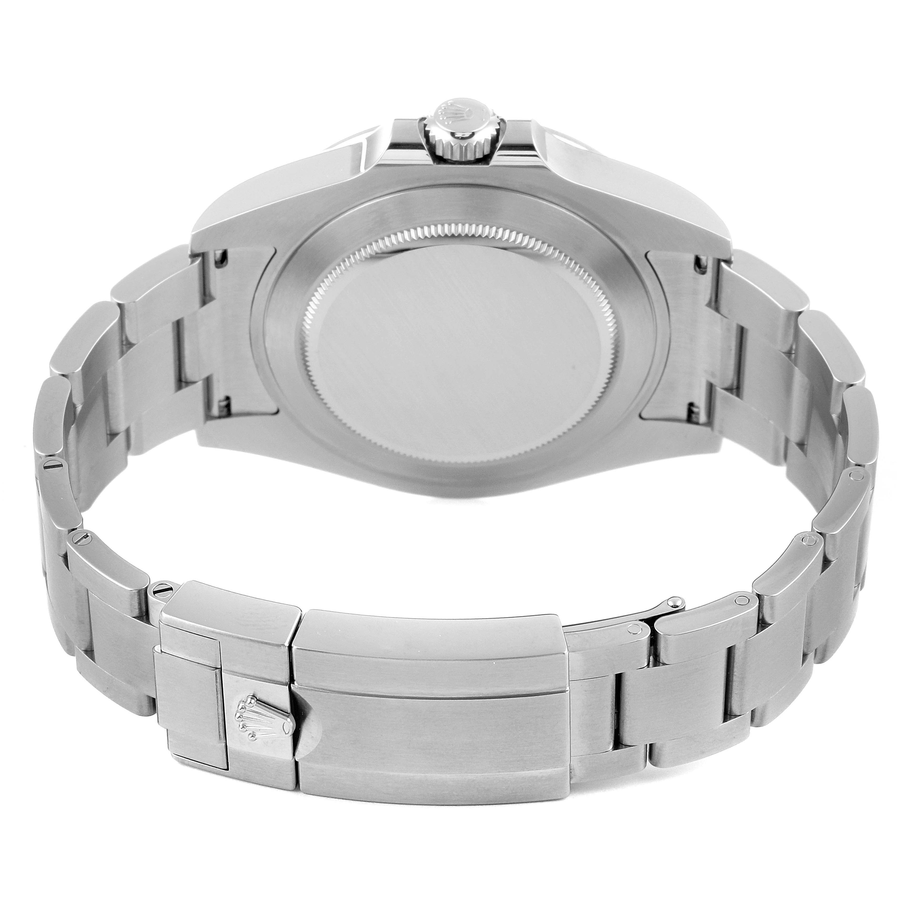 The image shows the back view of a Rolex Explorer 216570 Men
s Stainless Steel Black Dial 216570 Men
s Stainless Steel Black Dial watch, highlighting the case back, bracelet, and clasp.