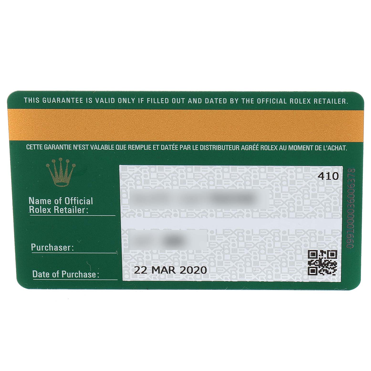 This image shows the guarantee card for a Rolex Explorer 216570 Men
s Stainless Steel Black Dial 216570 Men
s Stainless Steel Black Dial watch, including purchase date and retailer information.