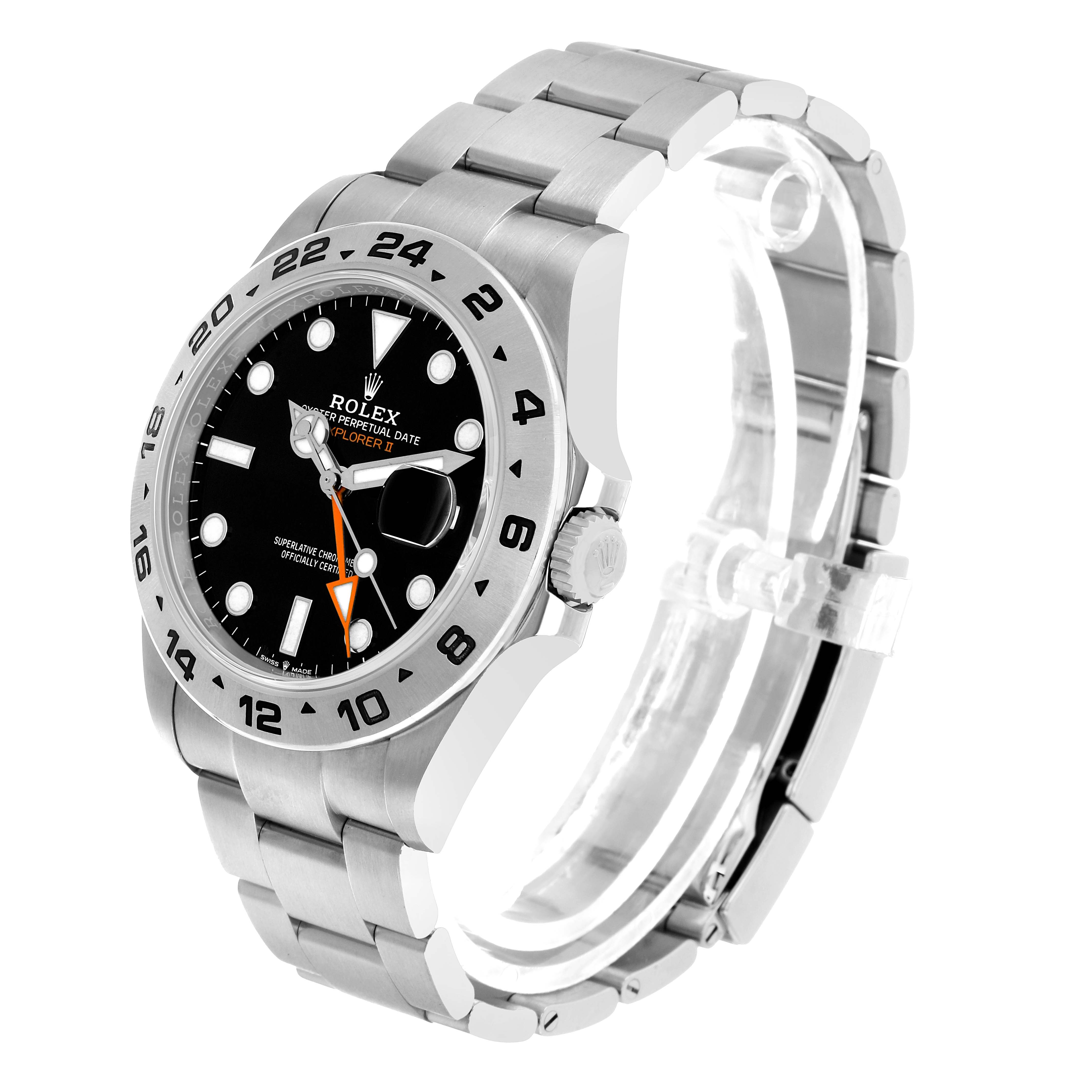 The Rolex Explorer 226570 Men's Stainless Steel Black Dial watch is shown from a side angle, highlighting the bezel, dial, crown, and bracelet.