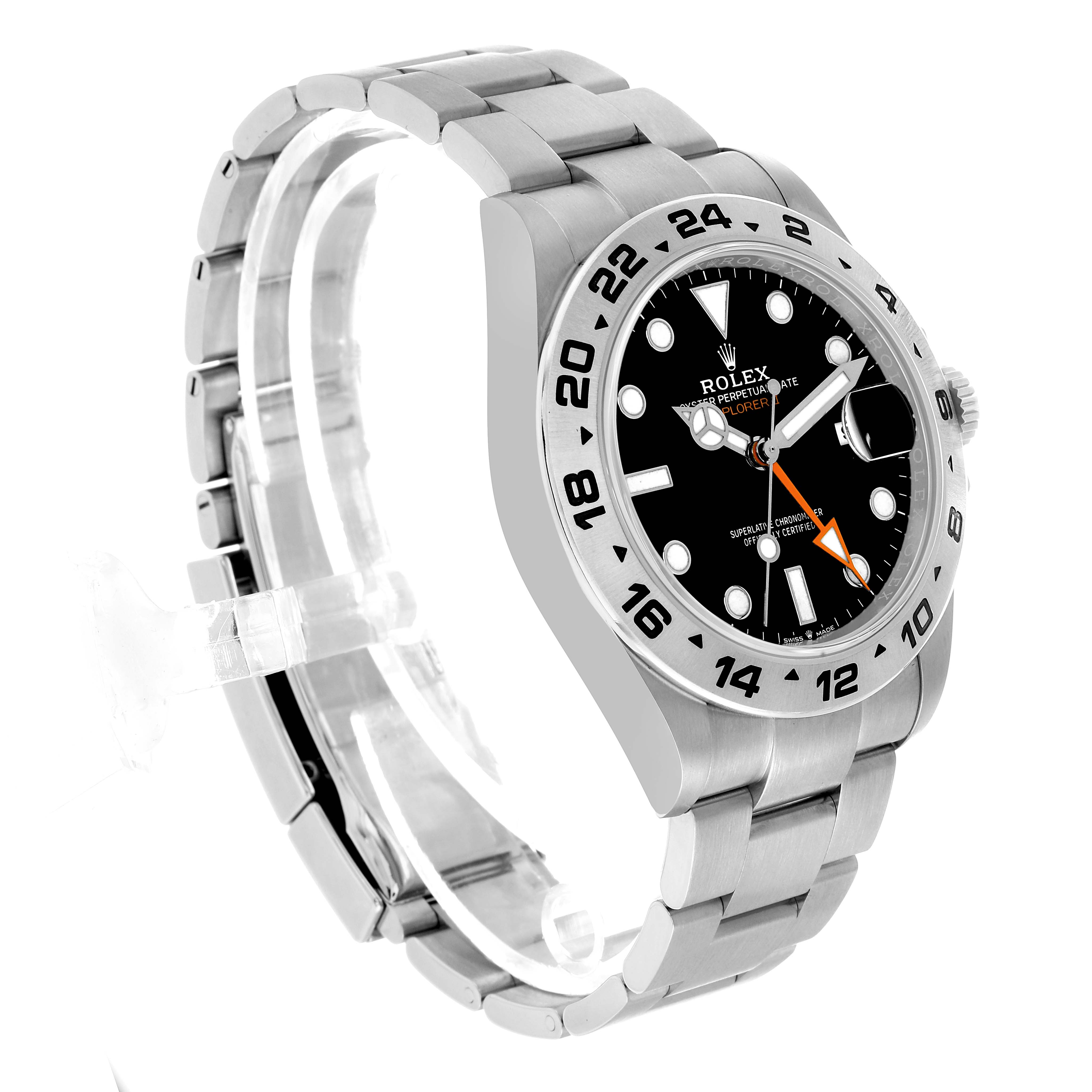 The Rolex Explorer 226570 Men's Stainless Steel Black Dial watch is shown at an oblique angle, highlighting the dial, bezel, case, and bracelet.