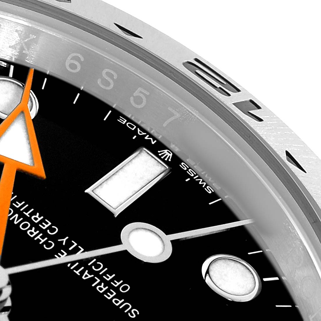 The image shows a close-up of the dial and bezel of a Rolex Explorer 226570 Men's Stainless Steel Black Dial, highlighting the hands and markers.