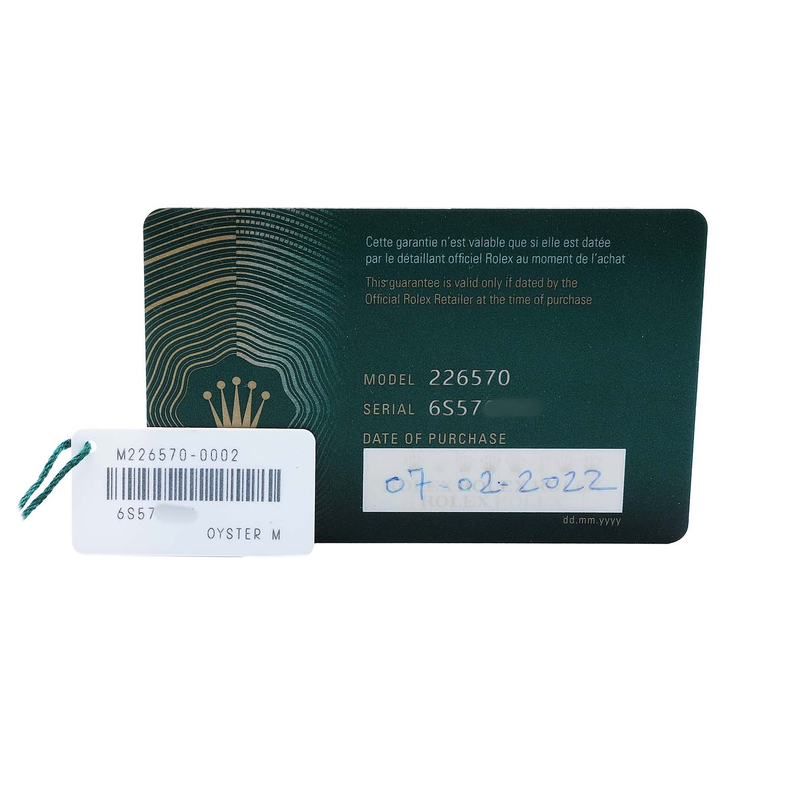 The image shows the warranty card and tag for a Rolex Explorer 226570 Men's Stainless Steel Black Dial, model 226570.