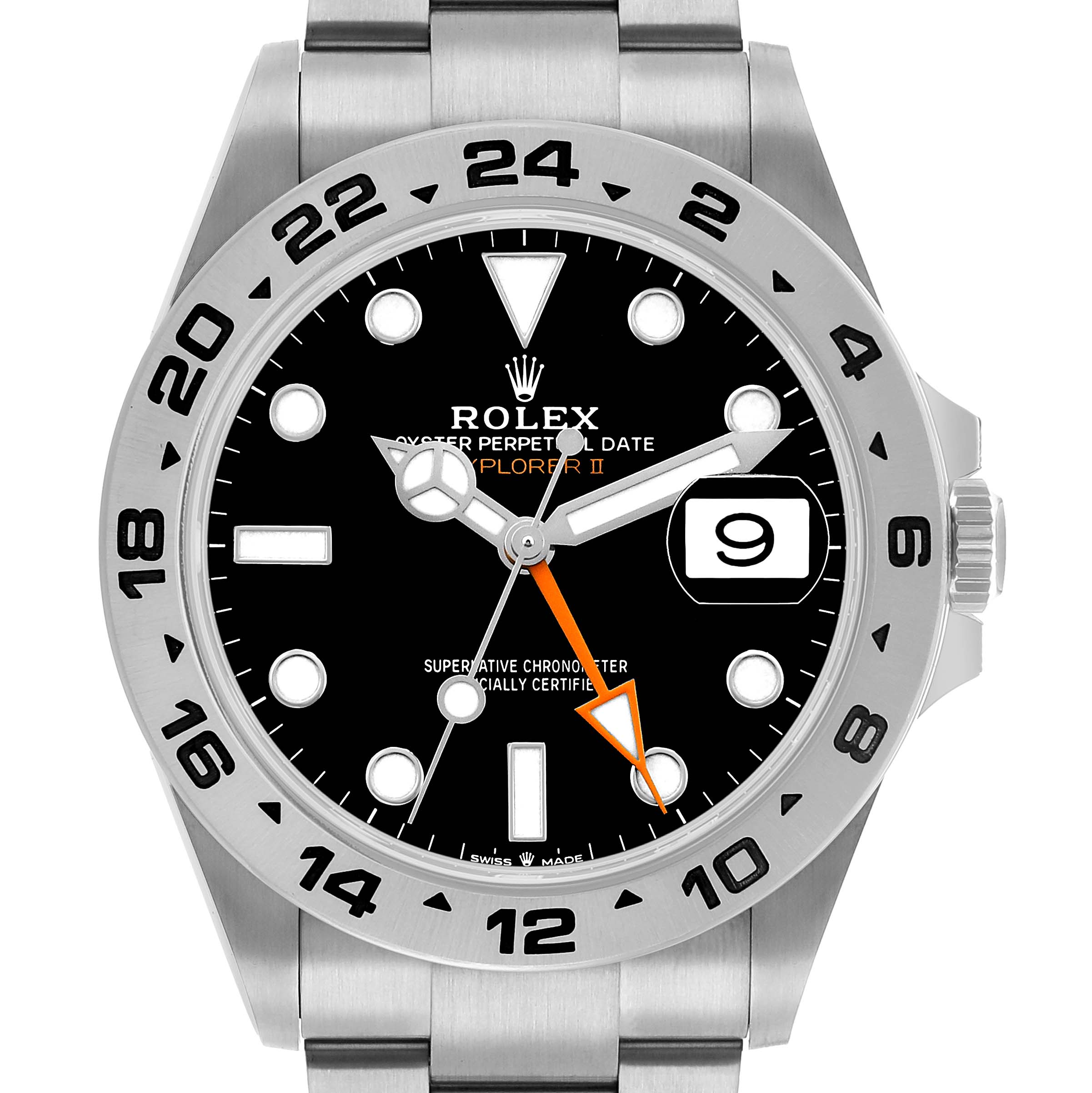 The Rolex Explorer 226570 Men's Stainless Steel Black Dial II is shown from the front, featuring the dial, hands, bezel, and part of the bracelet.