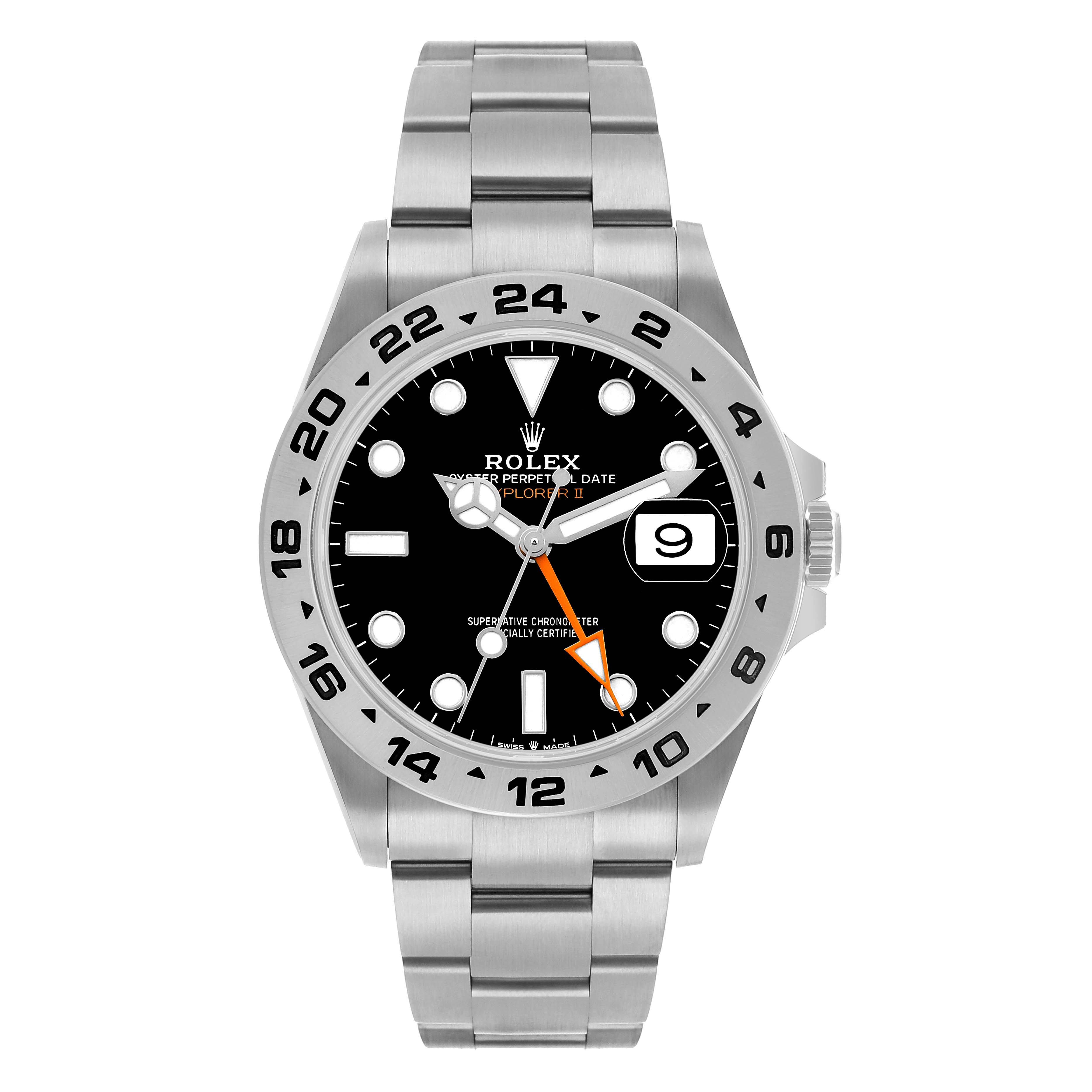 The Rolex Explorer 226570 Men's Stainless Steel Black Dial model is shown from the front, displaying the dial, bezel, hands, and bracelet.