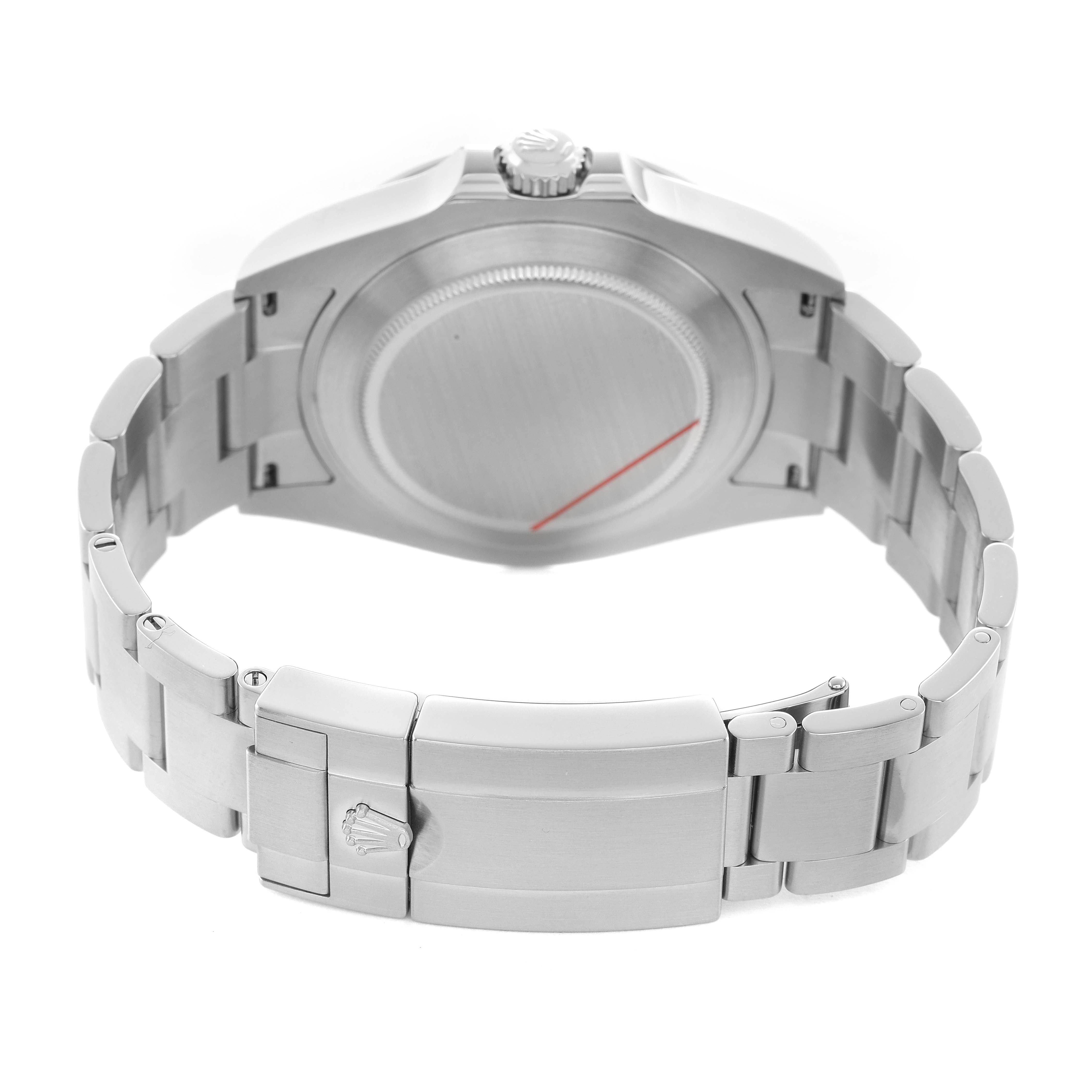 The image shows the back view of a Rolex Explorer 226570 Men's Stainless Steel Black Dial watch, highlighting the case back, crown, and metal bracelet with clasp.