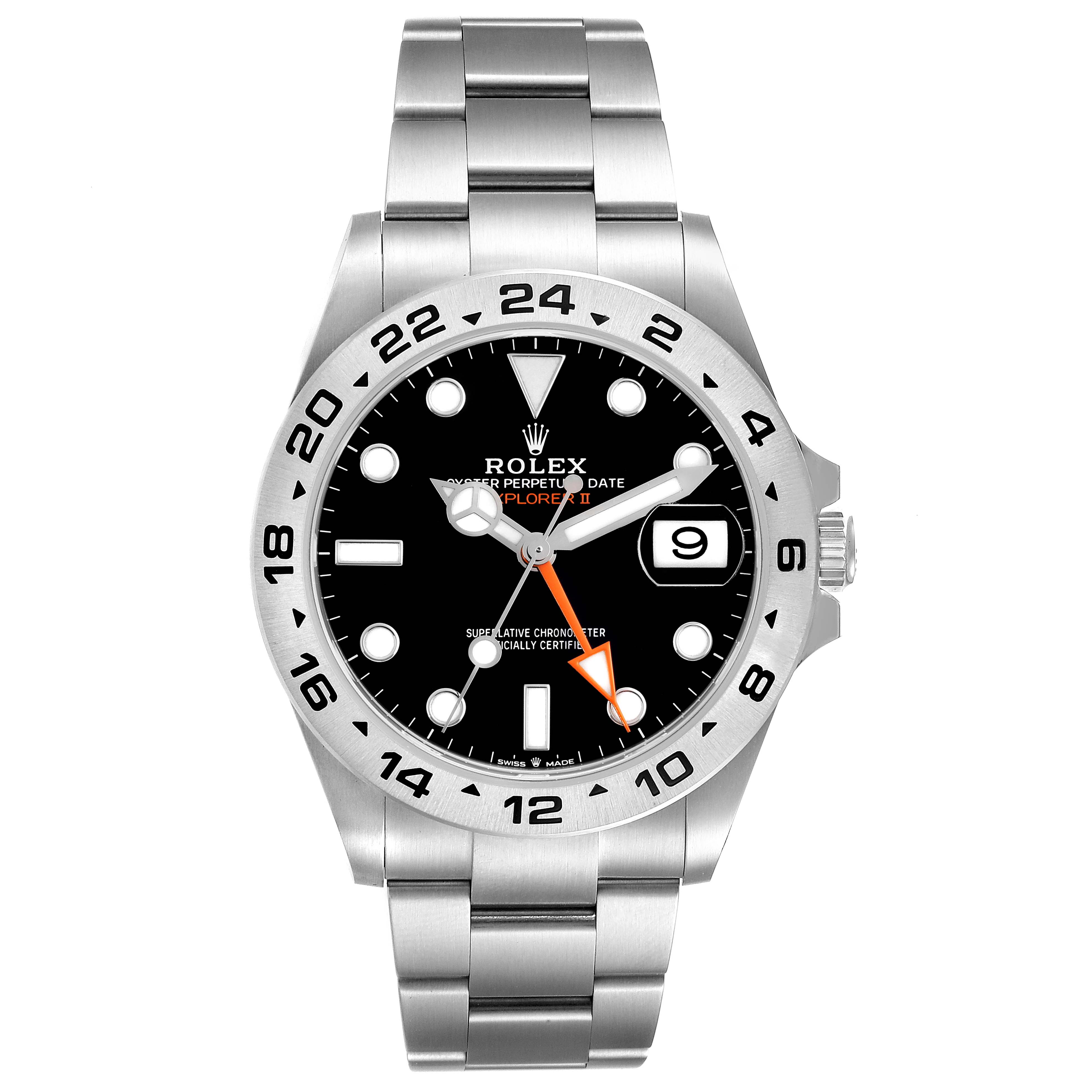 The Rolex Explorer 226570 Men's Stainless Steel Black Dial watch is shown from the front, displaying the dial, bezel, bracelet, and crown.
