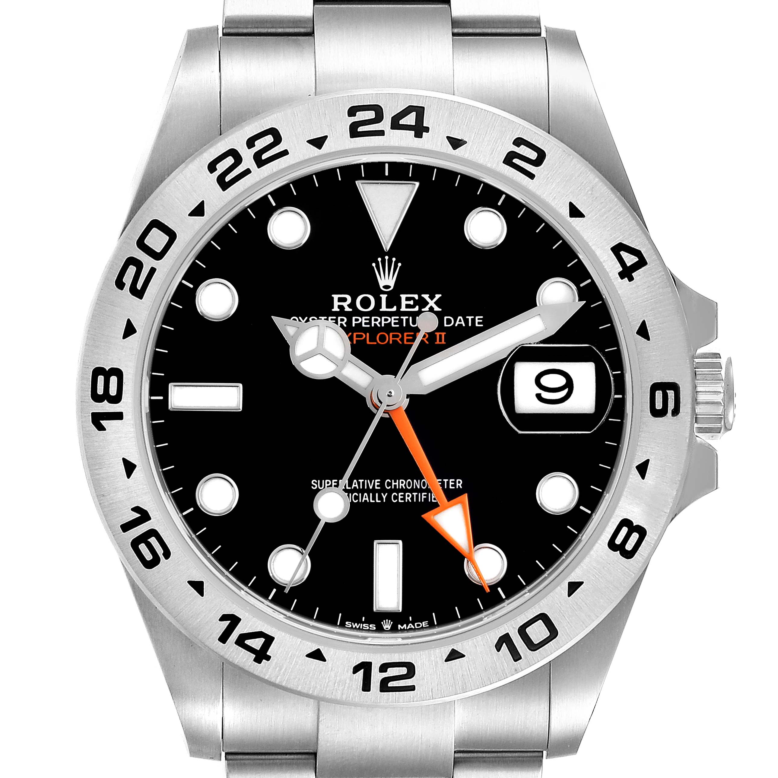 The Rolex Explorer 226570 Men's Stainless Steel Black Dial II watch is shown from a front angle, highlighting the dial, bezel, and part of the bracelet.