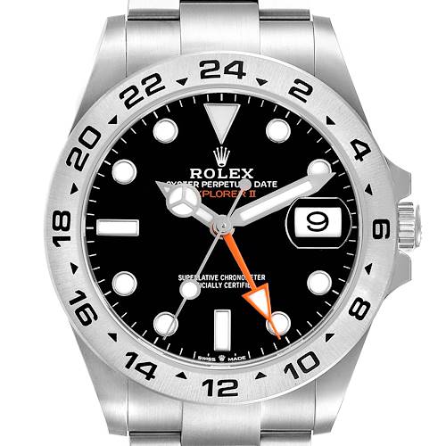 The Rolex Explorer 226570 Men's Stainless Steel Black Dial II is shown from the front, displaying its dial, bezel, hands, and bracelet top.