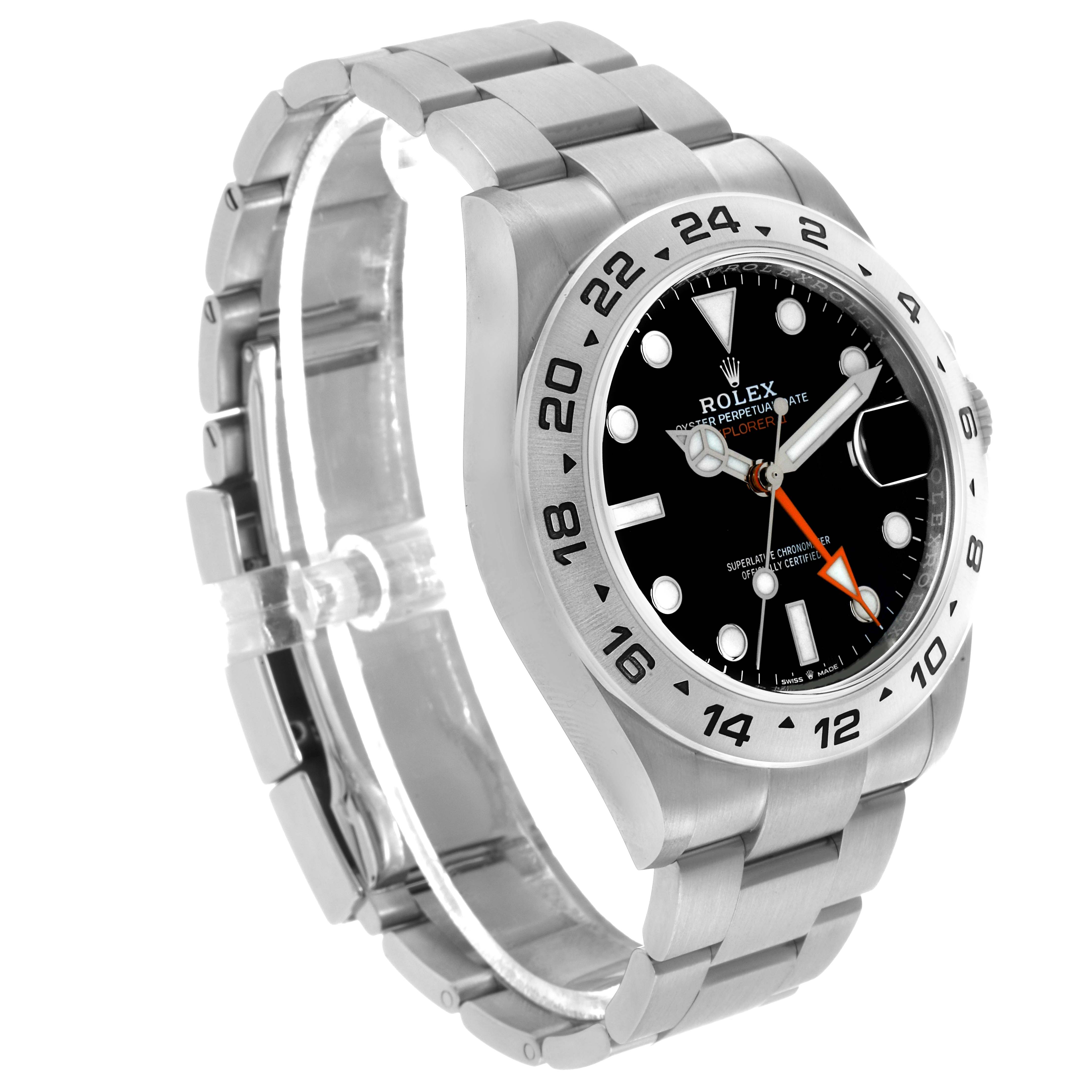 The Rolex Explorer 226570 Men's Stainless Steel Black Dial watch is shown from a three-quarter angle, displaying its face, bezel, and bracelet.
