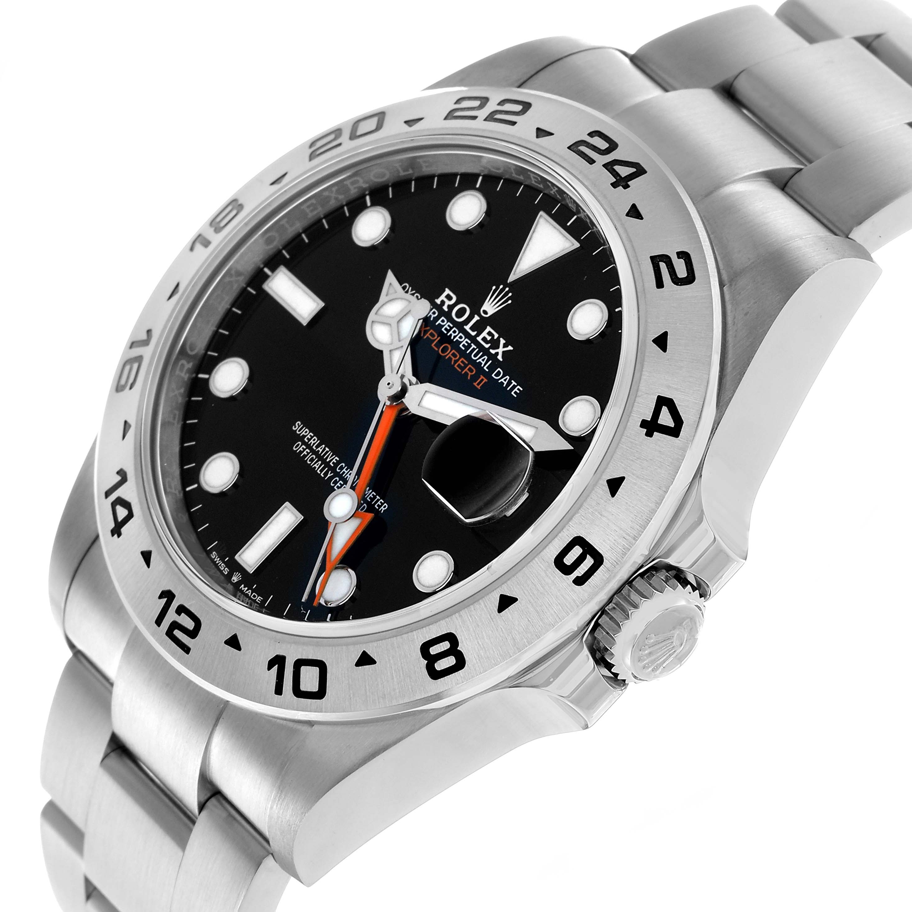 The Rolex Explorer 226570 Men's Stainless Steel Black Dial watch is shown at a three-quarter angle, displaying the face, bezel, crown, and part of the bracelet.